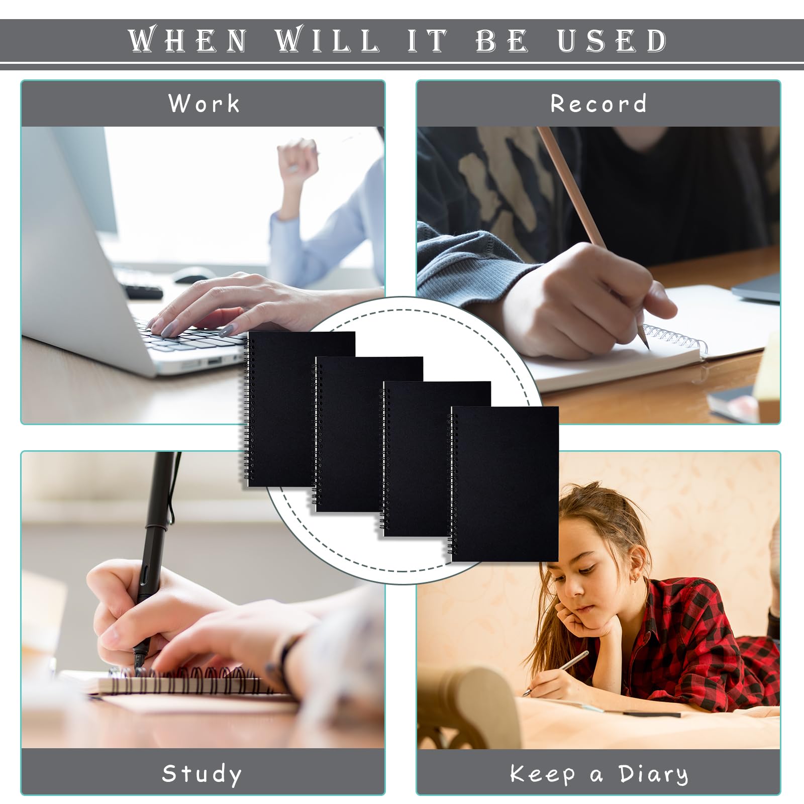 A5 Spiral Lined Notepad,4 Pack Spiral Notebook Wirebound Notebooks 80 Sheets(160 Pages)/Per Pack A5 Sketch Book Reporters Notepad for Office Travel School Drawing Black