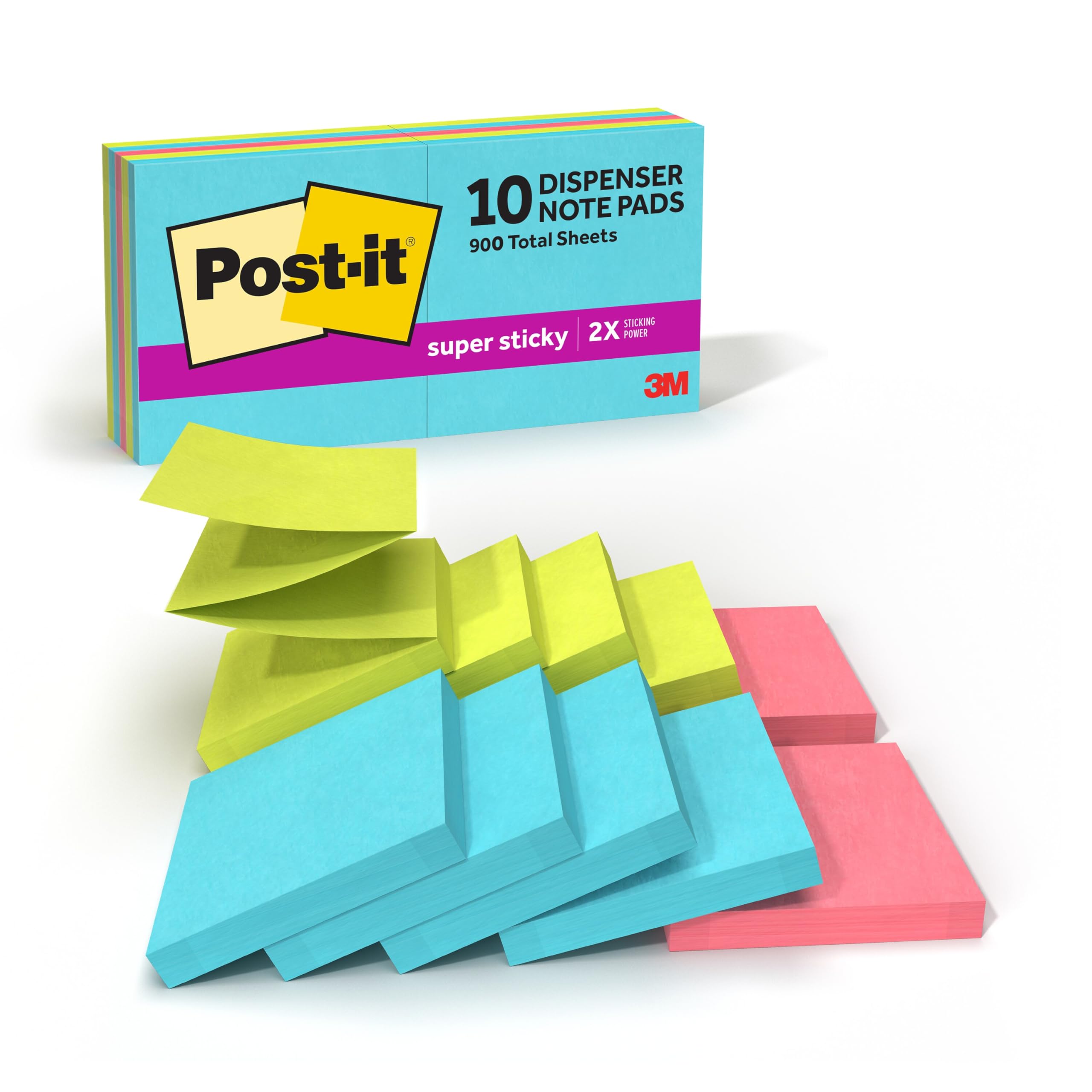 Post-it Super Sticky Dispenser Pop-up Notes, 10 Sticky Note Pads, 3 x 3 in., 2X The Sticking Power, School Supplies and Oﬃce Products, Use with Post-it Note Dispensers, Supernova Neons Collection