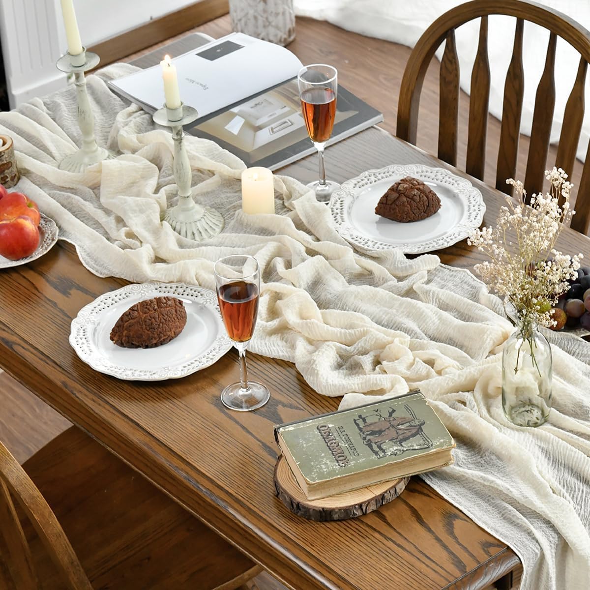 Artoid Mode Boho Beige Gauze 6 Pieces Wedding Table Runner, 300 cm Birthday Fabric Kitchen Dining Holiday Table Decor for Home Party Indoor