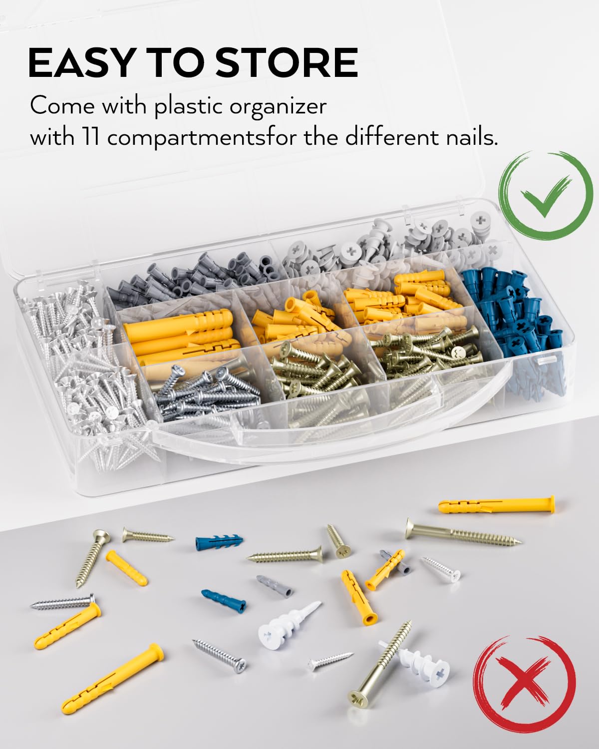 INCLY 510 PCS Drywall Anchors and Screws Assortment Kit, 255 Plastic Self Drilling Wall Anchors and 255 Flat Head Screw, 6 Sizes Galvanized Screw and Wall Plug Bolts with Organizer Box