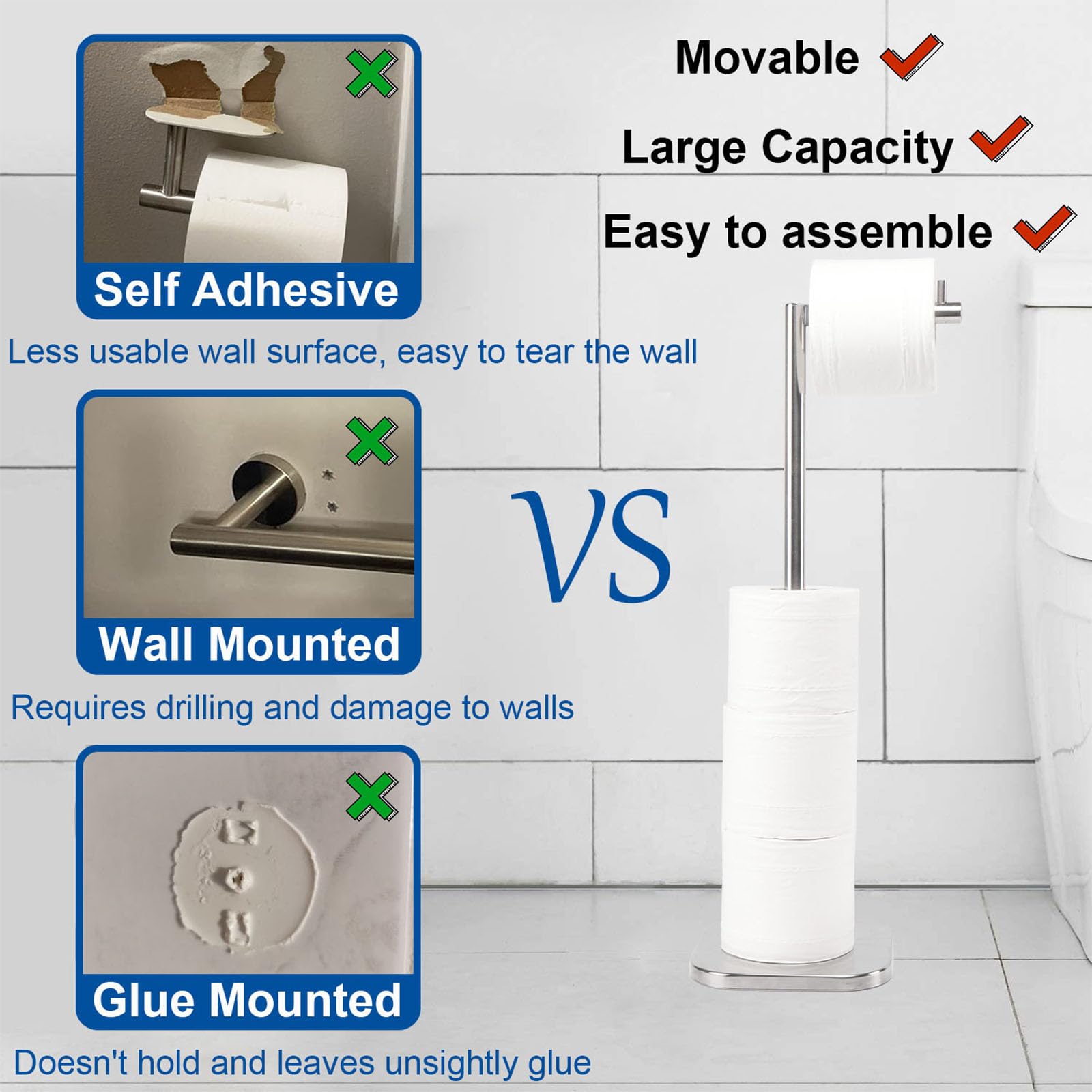 TocTen Toilet Paper Holder Stand, Free Standing Toilet Paper Holder with Reserve, Stainless Steel Weighted Base Toilet Tissue Paper Roll Storage Holder for 5 Rolls of Toilet Tissue(Brushed Nickel)