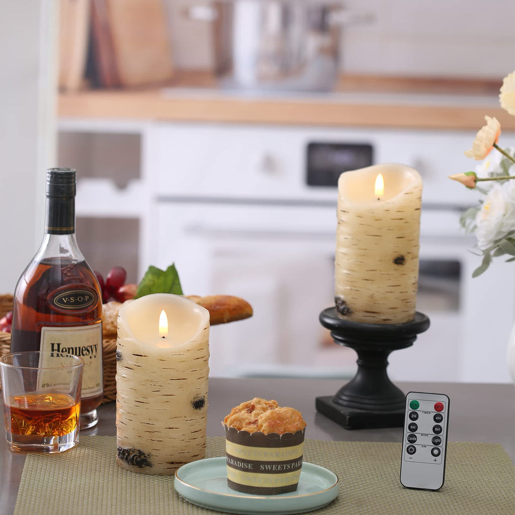 Flameless Candles LED Candles Birch Bark Effect Set of 2 (D:3.25" X H:6") Ivory Real Wax Pillar Battery Operated Candles with Dancing LED Flame 10-Key Remote Control and Cycling 24 Hours Timer