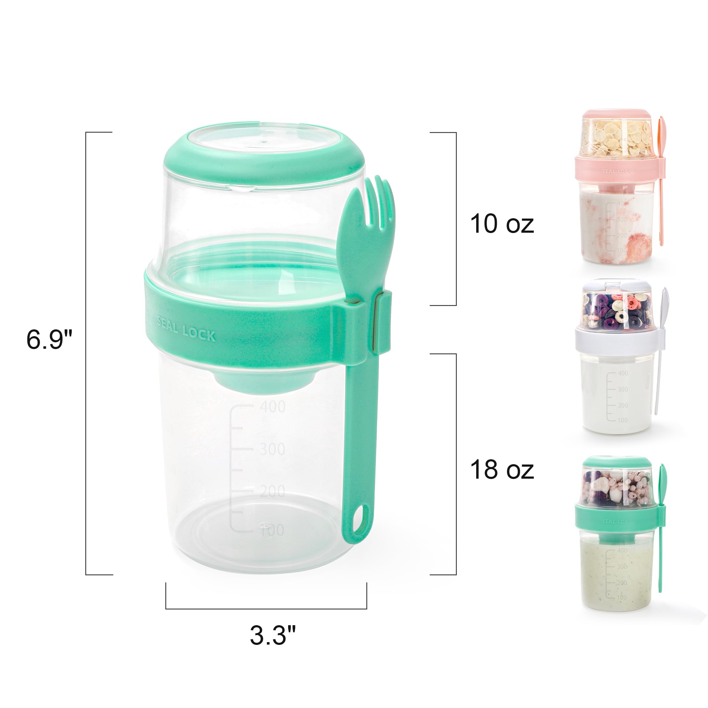 Kingrol 3 Pack 18 oz Overnight Oats Containers to Go, Large Yogurt Parfait Cups with Lid, Spork (Spoon-Fork Hybrid) & Topping Compartment, Reusable Leak-Proof Adult Meal Prep Containers