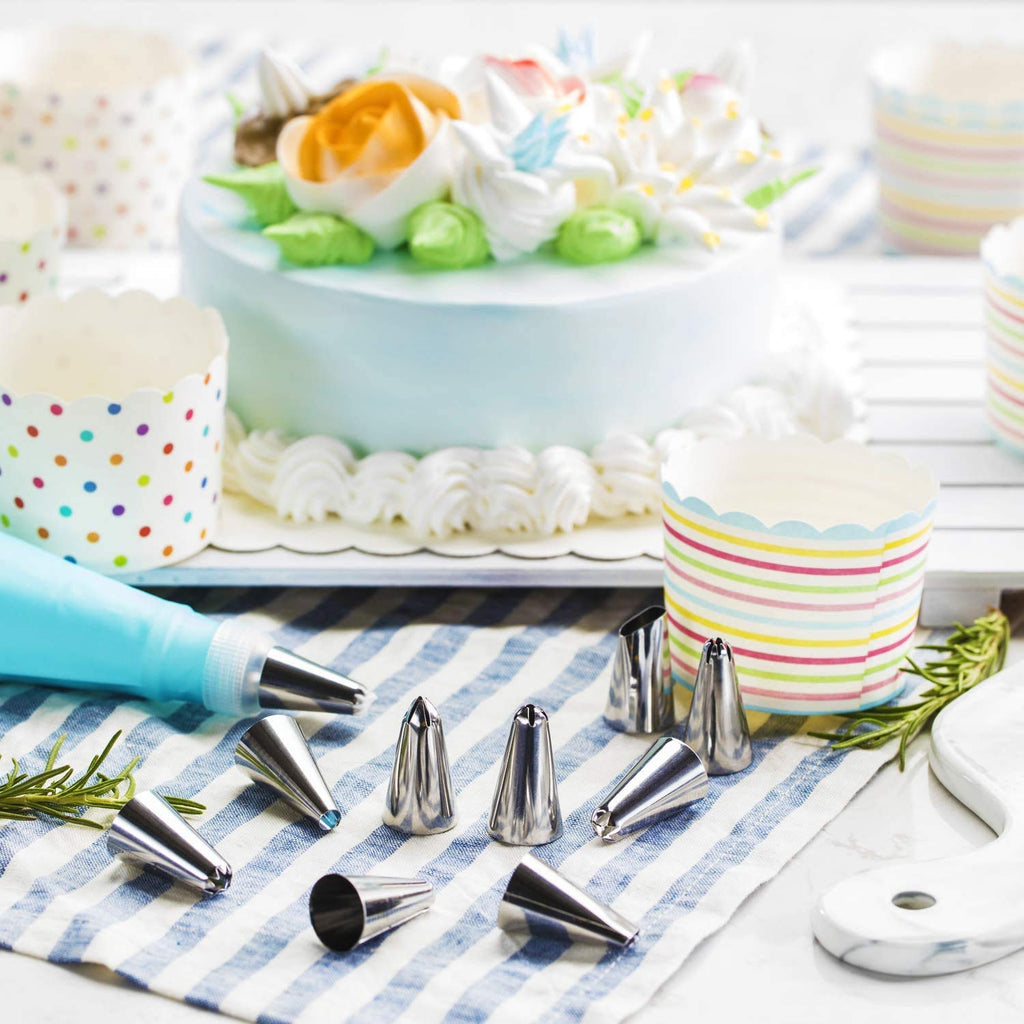 Piping Bags and Tips | RFAQK 100 PCs Cake Decorating Kit with Spatula-Scrappers-48 Numbered Stainless Steel Piping Tips & Icing Bags-Reusable Silicon Bag-Pattern Chart, EBook & Other Icing Piping Set
