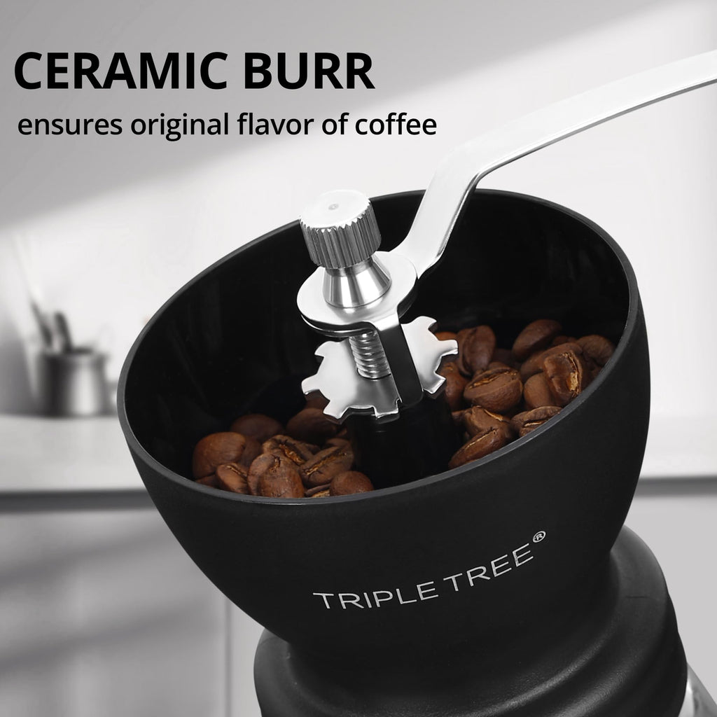 Manual Coffee Grinder with Ceramic Burrs and Lengthen Stainless Steel Handle, Hand Coffee Mill with 2 Glass Jars(11oz Each), Brush and Tablespoon Scoop, Coffee Bean Grinder for Camping, Black