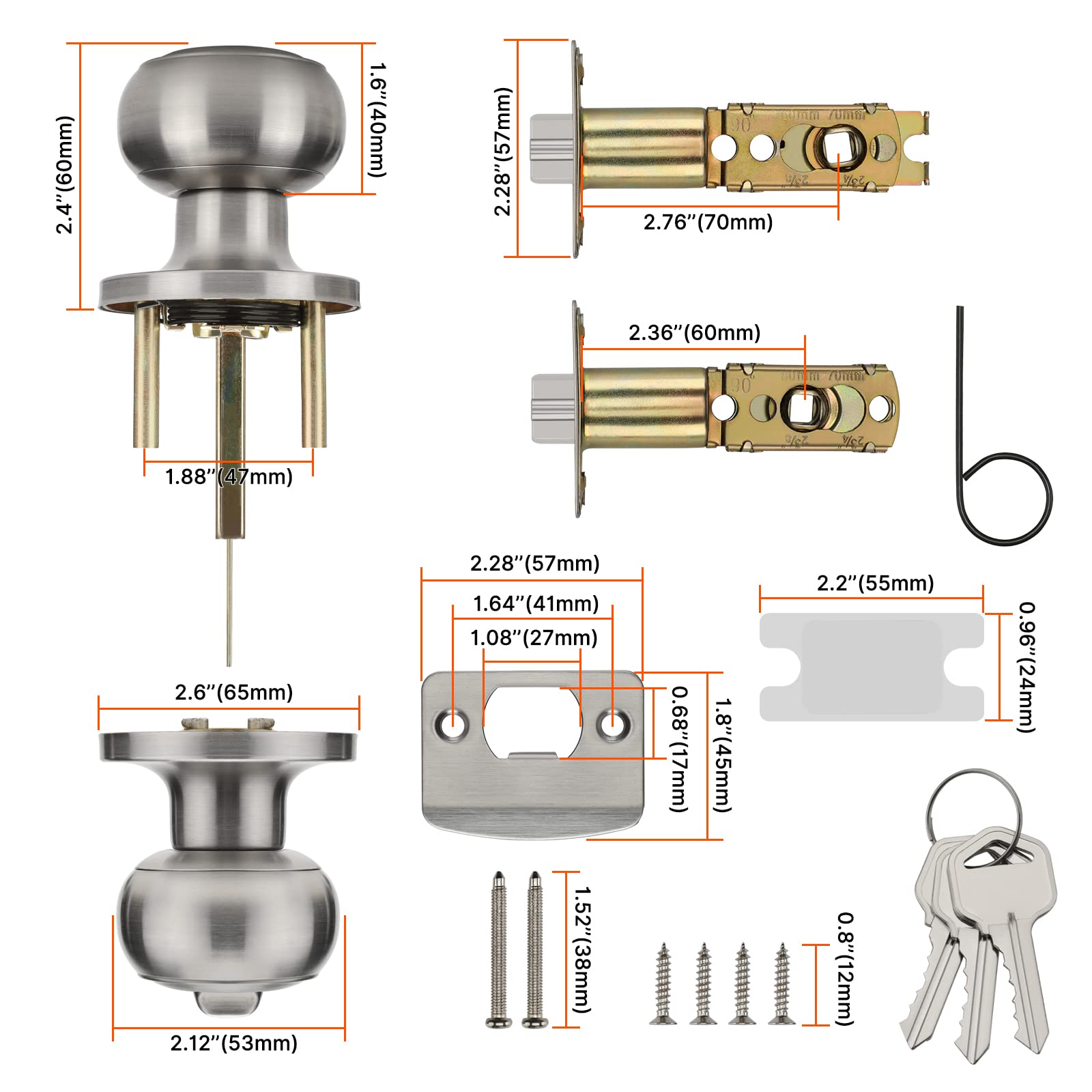 goldenwarm Door Locks for Entry Door Knob Exterior Knob Lock with Key Brushed Nickel Doors Handles with Lock Easy Install Left/Right Open