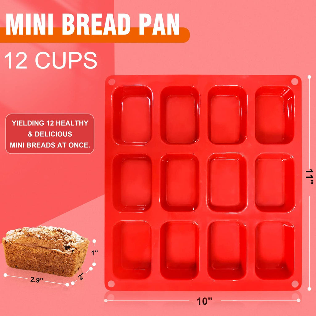 Silicone Mini Loaf pan, Walfos 12 Cavities Mini Bread Pan Brownie Pan, Food Grade & Non-Stick, Ideal for Mini Bread, Brownie, Cornbread, Cheesecake and Chocolate (2 Pieces)