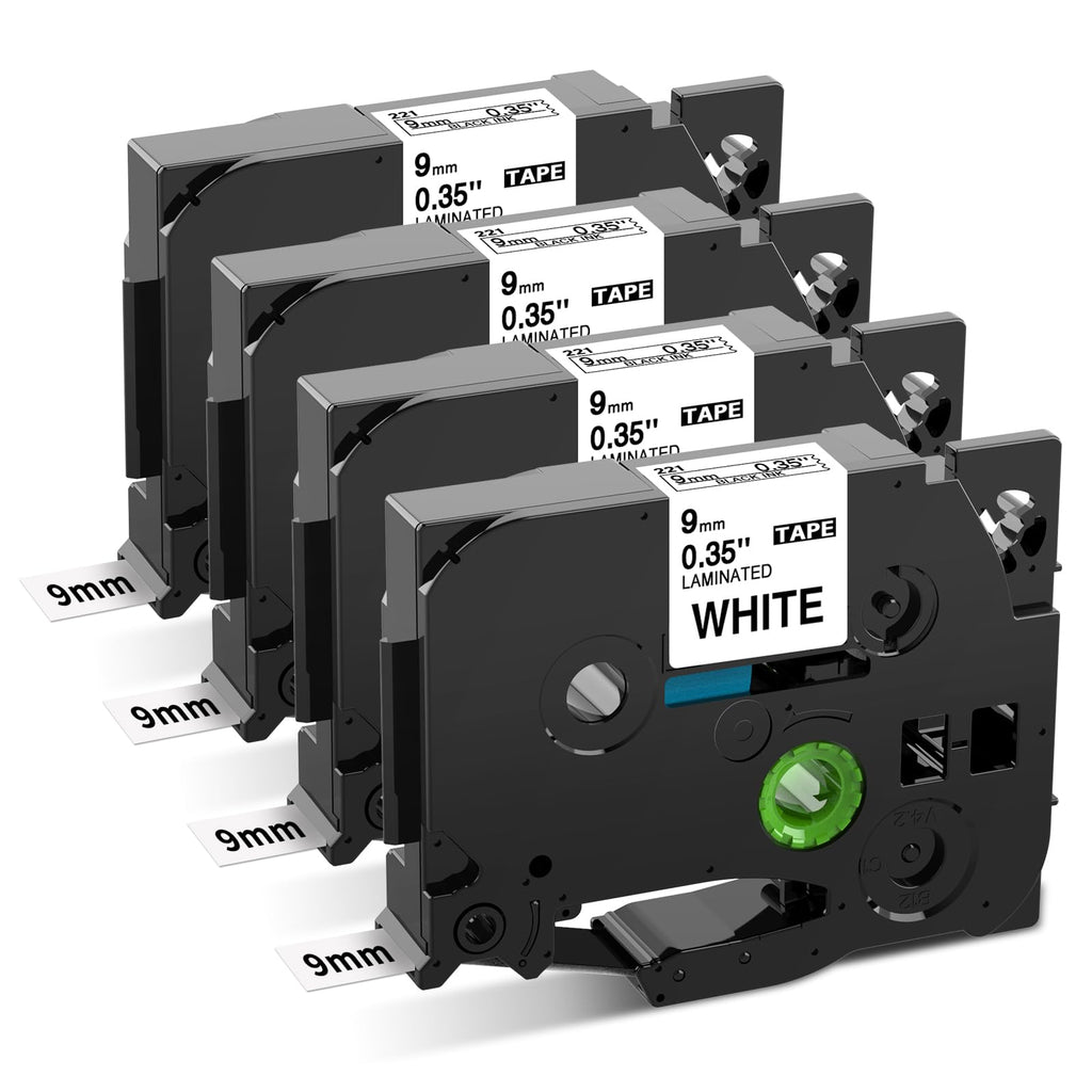 TZe-221 Replace for Brother P-Touch Label Tape 9mm White TZe221 Laminated TZ Tape for Brother PT-D210 PT-D220 PT-H110 PT-1890 PT-D600 Label Maker, 4-Pack