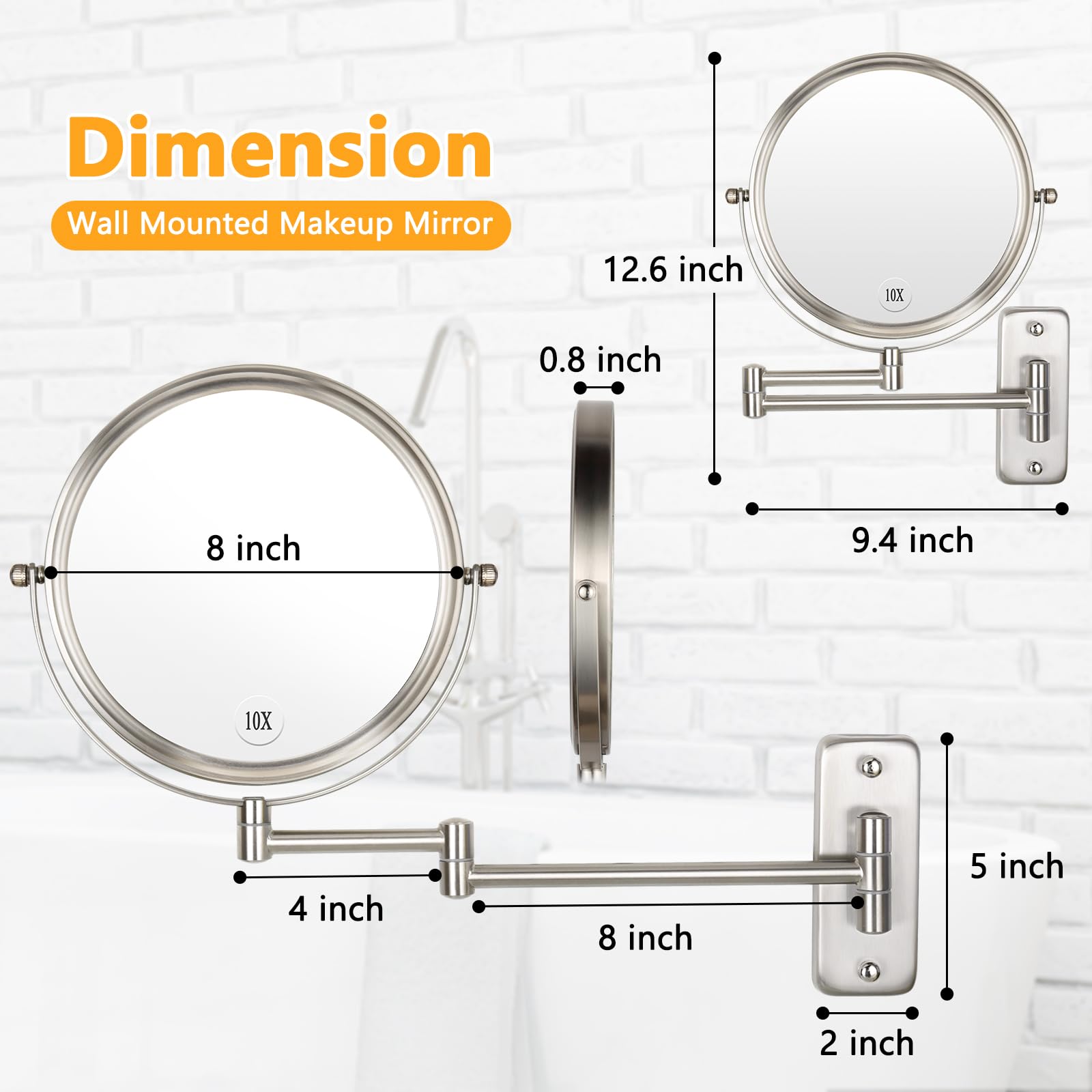 Wall Mounted Makeup Mirror - 1X/10X Magnifying Mirror Double Sided, 8 Inch Extendable Bathroom Mirror, Nickel Finish ALHAKIN