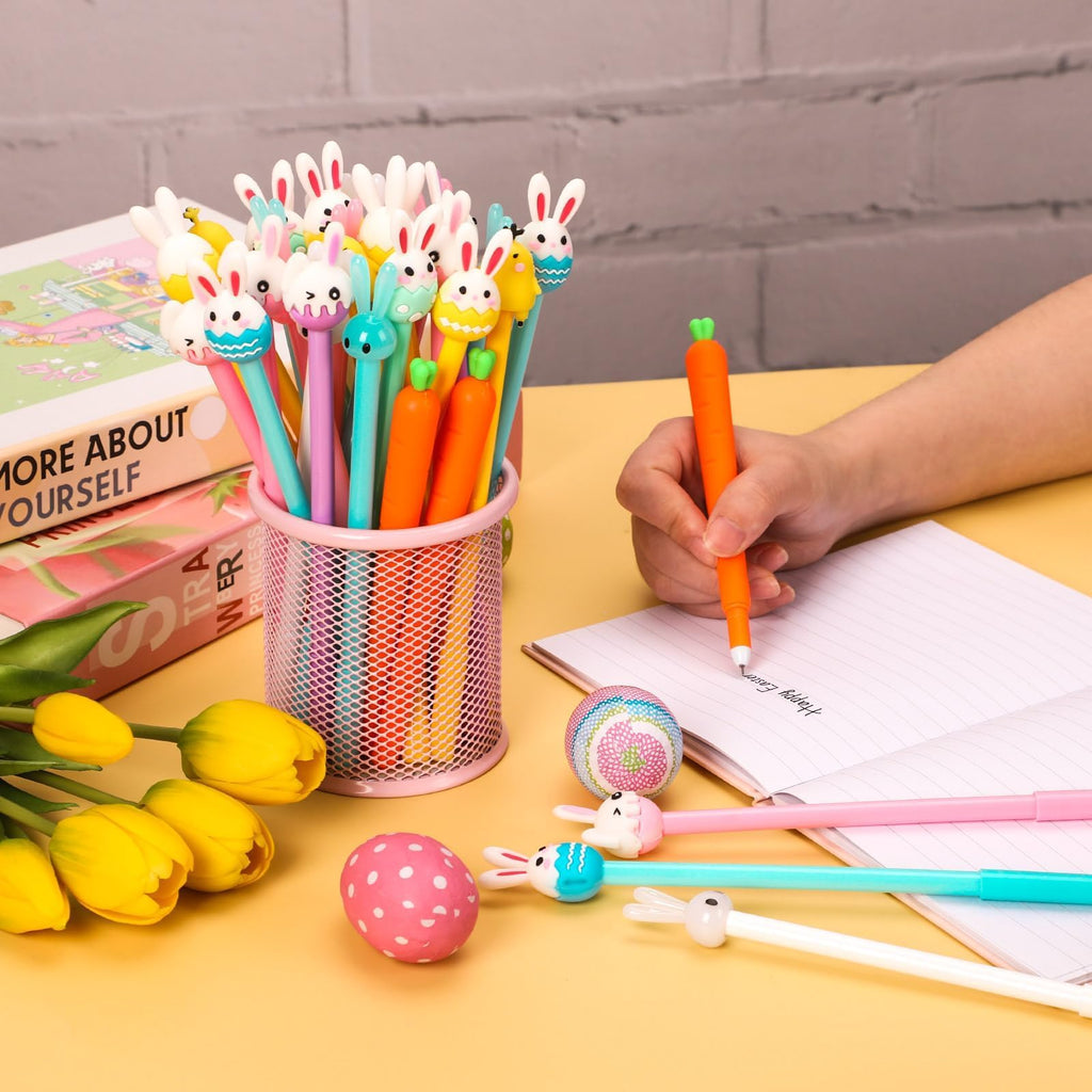 50 Pcs Easter Pens Cartoon Bunny Rabbit Carrot Pen,Gel Ink RollerBall Pens Bulk Cute Funny Novelty Writing Pen for Gift School Office Home Supplies