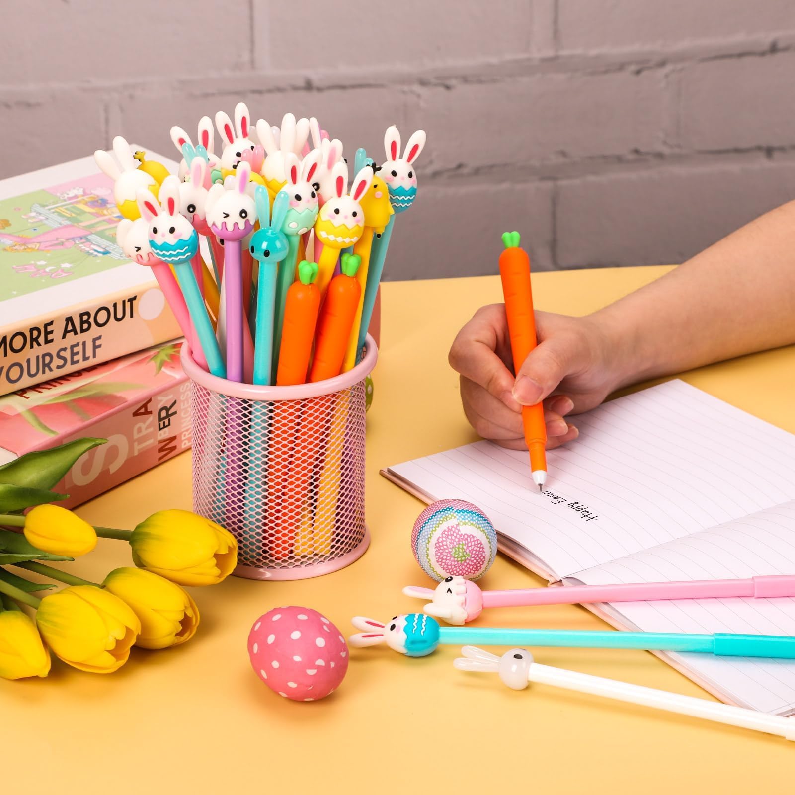 50 Pcs Easter Pens Cartoon Bunny Rabbit Carrot Pen,Gel Ink RollerBall Pens Bulk Cute Funny Novelty Writing Pen for Gift School Office Home Supplies