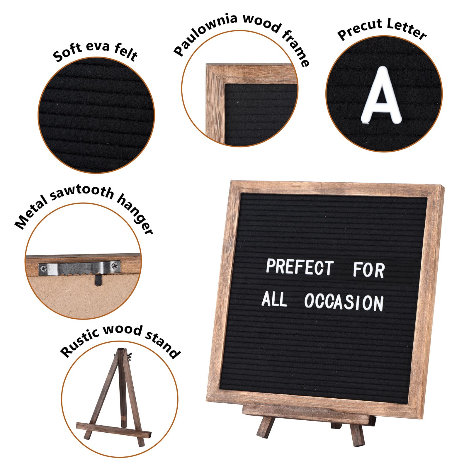 Felt Letter Board with Rustic Frame and Stand 12x12 inch,Changeable Letter and Message Board Include 470 Precut Letters,Number,Symbol,Hook to Hang,2 Canvas Bags