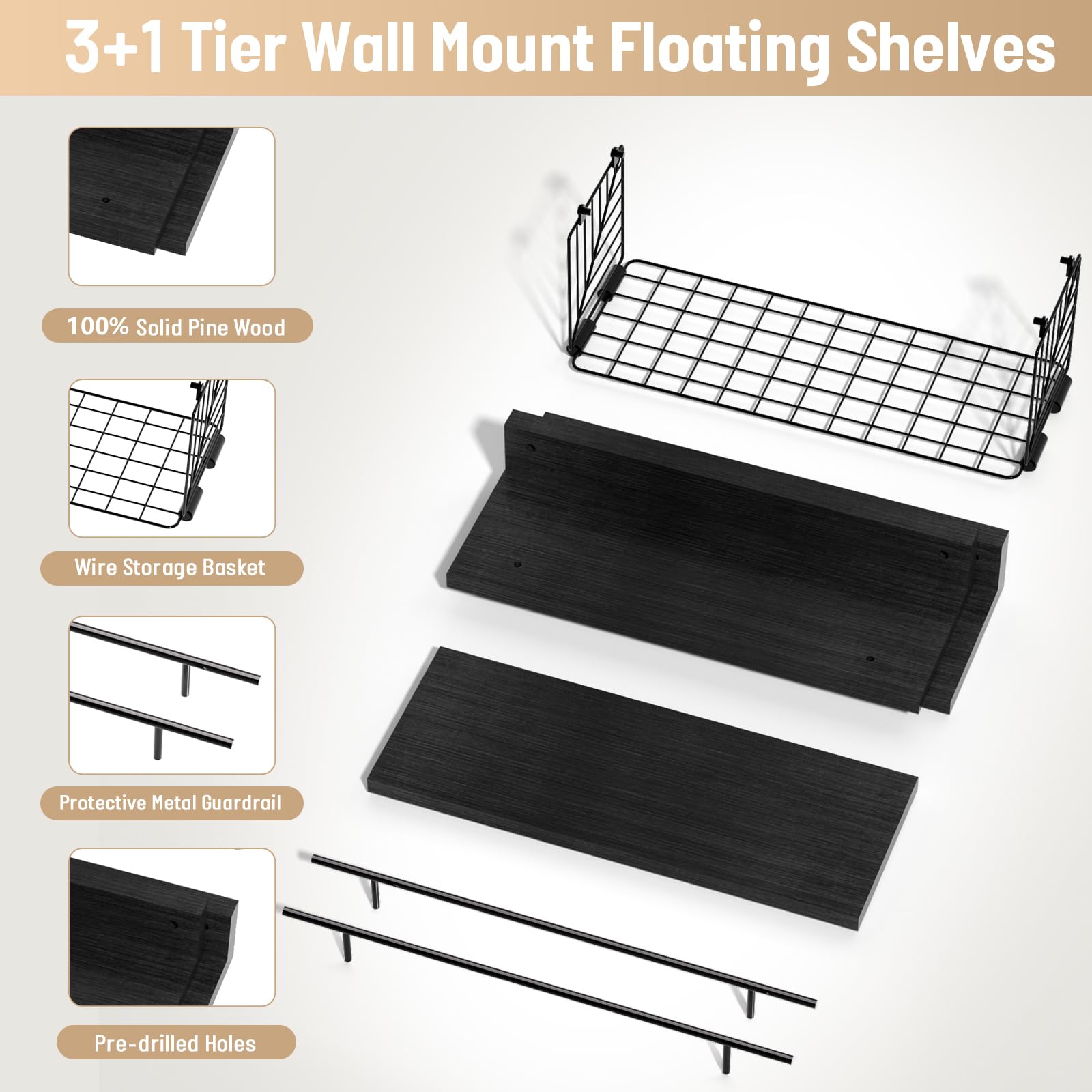 Kowsinde Bathroom Shelves with Wire Storage Basket, Floating Shelves Over Toilet with Protective Metal Guardrail, Wood Wall Mounted Floating Shelves for Bathroom, Living Room, Kitchen and Bedroom