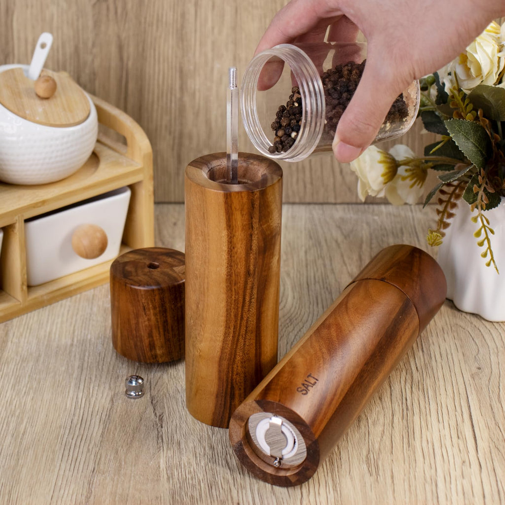 2 Pack Acacia Wooden Salt and Pepper Grinder Set, 8 Inches Refillable Salt and Pepper Mills with Adjustable Coarseness & Ceramic Core, Wood Peppercorn Shaker Salt Grinders Tableware Birthday Gifts