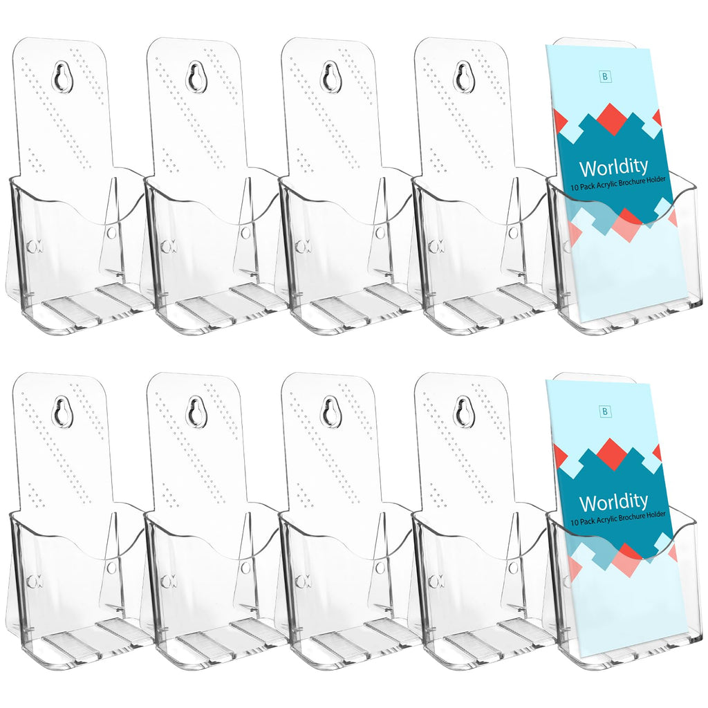 Worldity 10 Pcs Acrylic Brochure Holder, 4 x 8 Inch Pamphlet Holder Stand, Clear Literature Holder Wall Mount, Flyer Display Stand for Menu, Booklet, Brochure Tabletop Display for Office