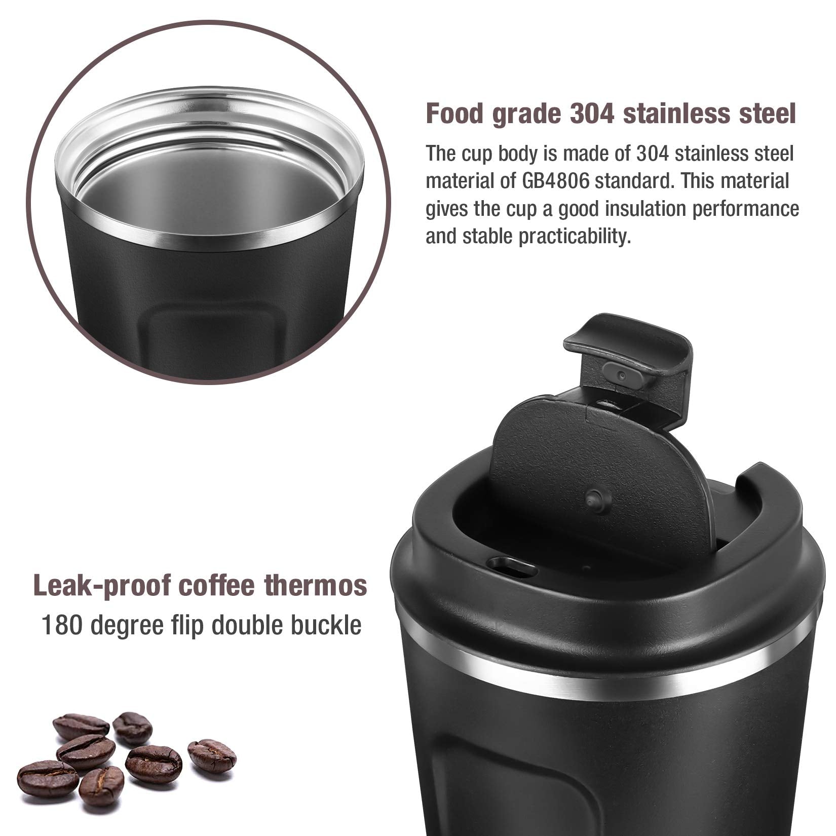 17oz (510ml) Vacuum Insulated Travel Mug, Smilatte Leakproof Double Wall Stainless Steel Reusable Coffee Cup with Lid for Hot & Cold Drinks, Matte Texture Black