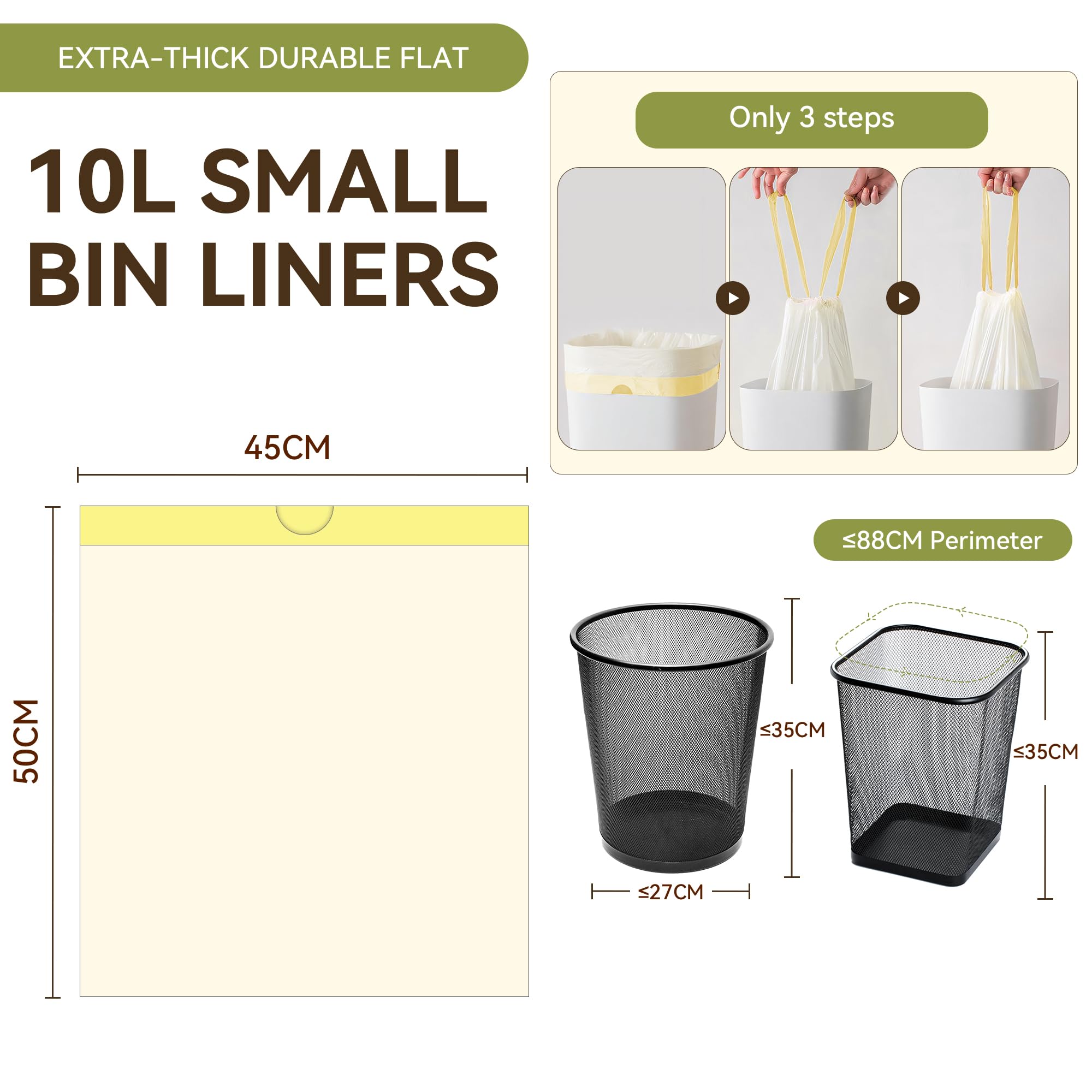 Foyer Nuage 10L 90 Counts Bin Bags with Drawstring, 45 x 50 cm Thick Plastic Bin Liners for Bedroom Kitchen Office