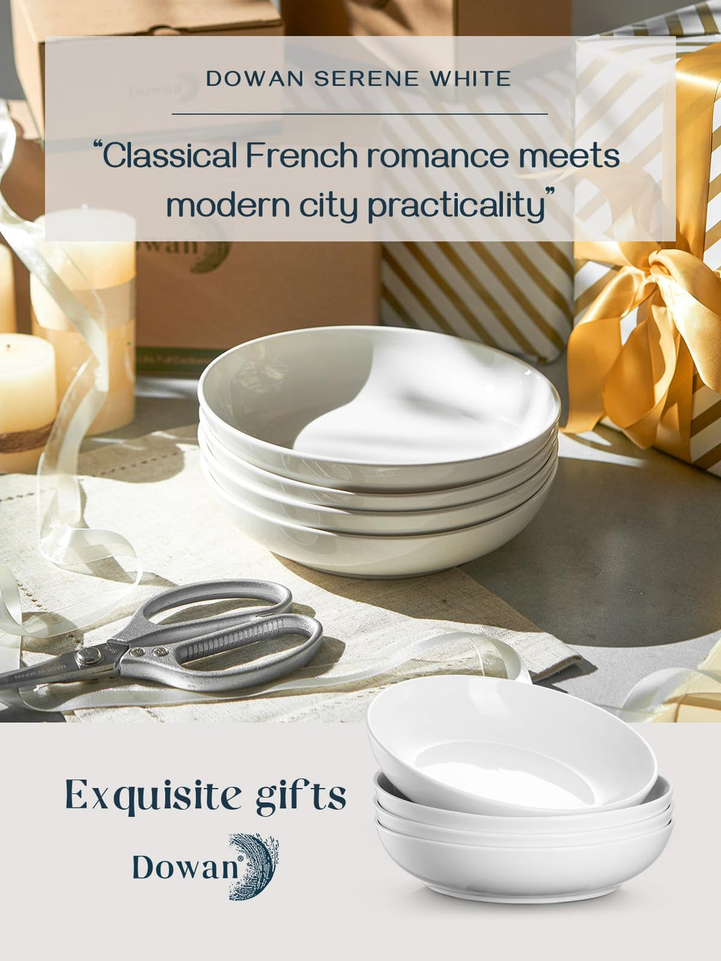 DOWAN 8.5" Pasta Bowls Set of 4, 30oz White Ceramic Shallow Dinner Bowls for Salad, Soup & Pasta, Stackable and Easy to Clean, Ideal for Everyday Use & Housewarming Gift(Soft White)