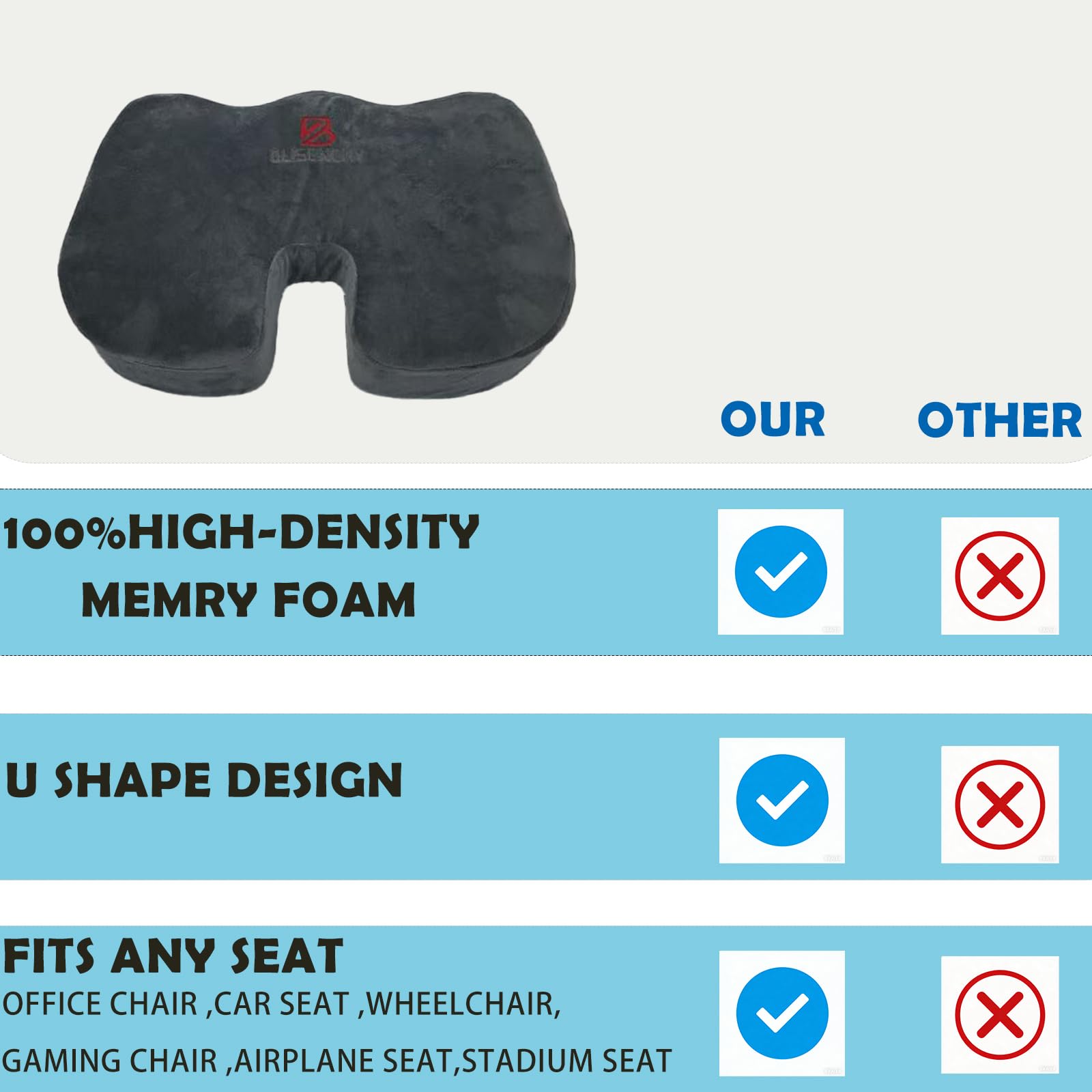 BLISENCHY Office Chair Cushion, Memory Foam Seat Cushion, Non Slip Sitting Pillow for Gaming, Car Seat, Computer Chair Pad, Sciatica and Tailbone Support, Washable Cover (Gray Flannel)