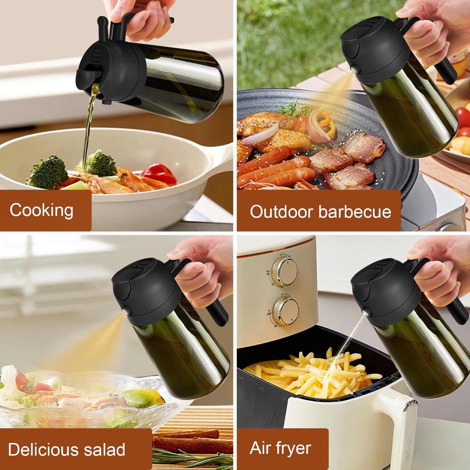 YARRAMATE 2PCS 16oz/470ml 2 in 1 Light Blockage Dark Oil Sprayer for Cooking, Food-Grade Green Glass Olive Oil Dispenser Bottle for Kitchen, Air Fryer, BBQ (Black & Green)