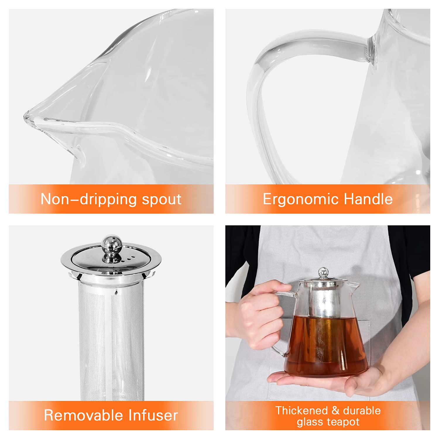 Glass Teapot with Stainless Steel Infuser,for Blooming Tea, Loose Tea, (43oz,1.3L) Holds 4-6 Cups, JOYEUX Glass Tea Pot Set, Stovetop & Dishwasher Safe