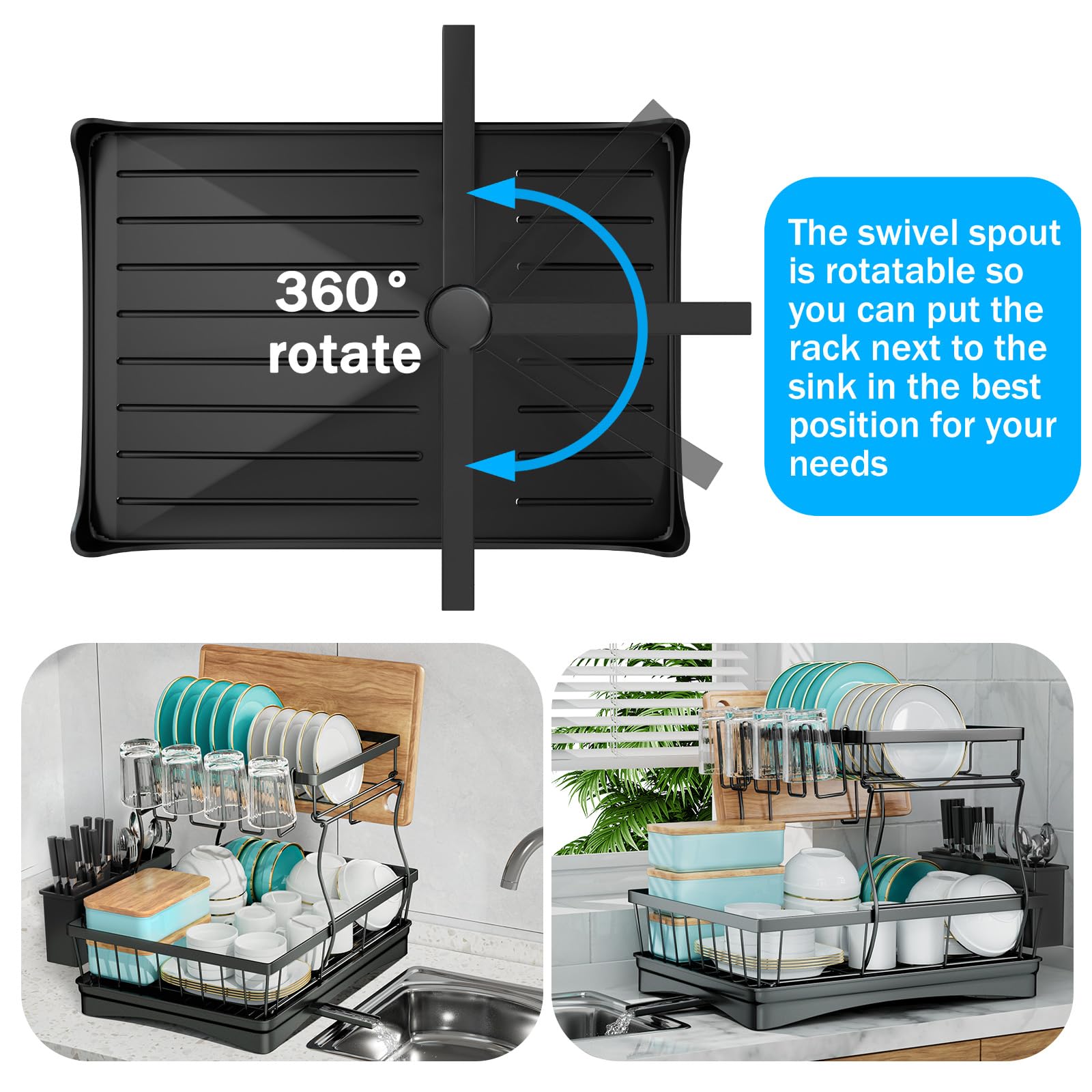 7 code Large Dish Drying Rack for Kitchen Counter,Detachable Large Capacity Dish Drainer Organizer with Utensil Holder,2-Tier Dish Drying Rack with Drain Board,Black