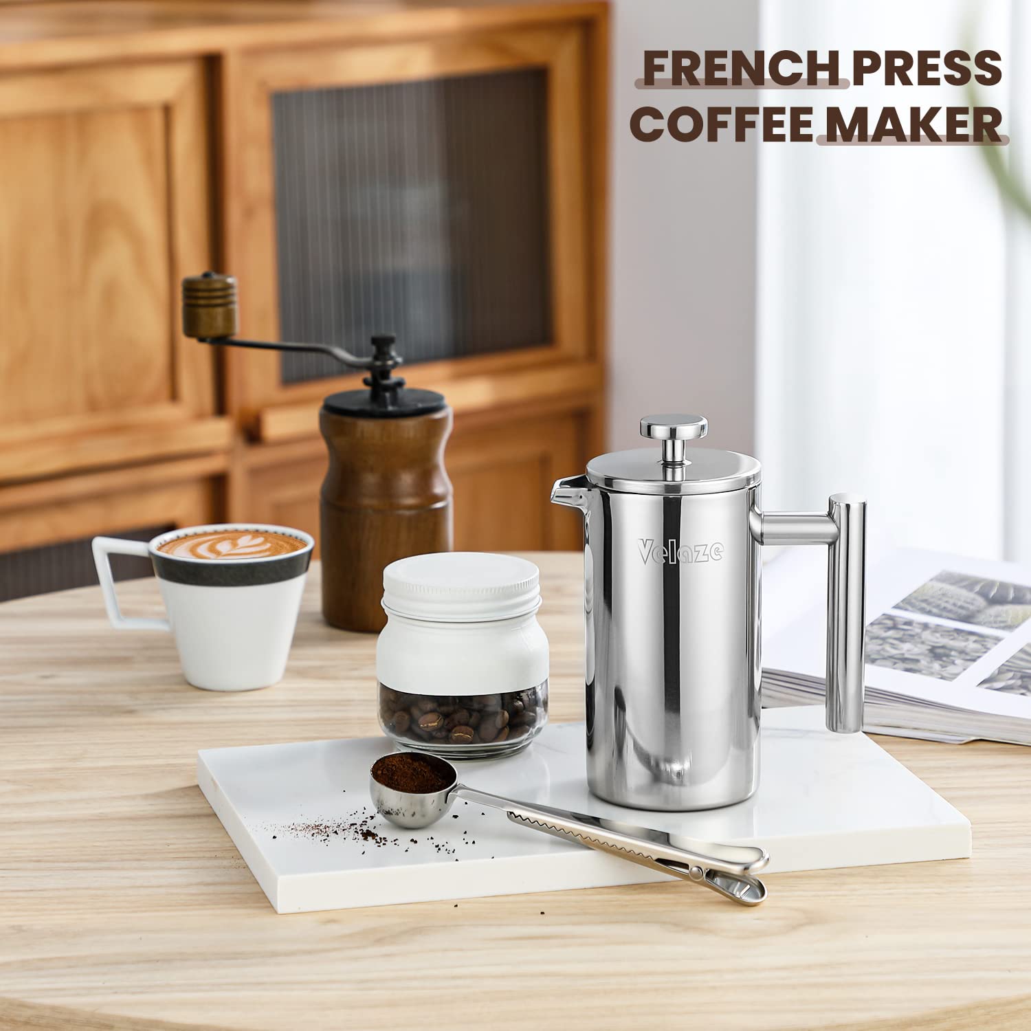 Velaze French Press Coffee Maker, Stainless Steel Double Wall Insulated French Press Coffee Press, Small Coffee Maker Included 4 Extra Fliters and 1 Coffee Spoon, 350ML, 12 oz