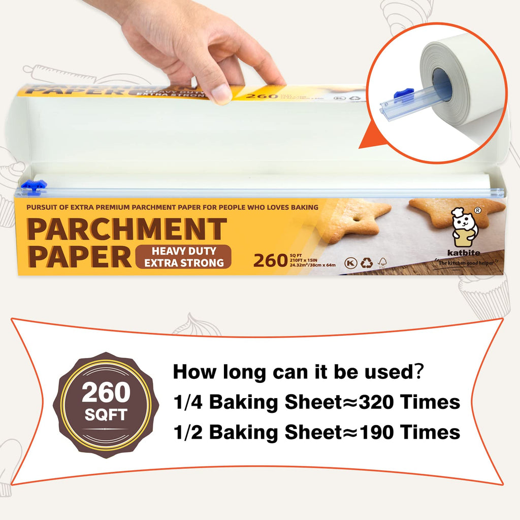 Katbite Parchment Paper Roll for Baking, 2 Pack of 15 in x 210 ft, Heavy Duty Cooking Paper for Baking Bread, Cookies, Non-Stick for Oven, Air Fryer, Steamer, Heat Press with 2Pcs of Slide Cutter