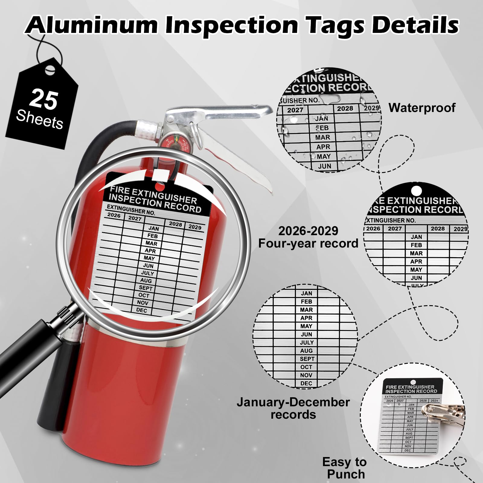 50 Sets Metal Inspection Tags Safety Inspection Tags Fire Extinguisher Inspection Sticker 2.2X3inch Fire Extinguisher Inspection Record Tag 2026-2029 with Handheld Hole Puncher for Indoor Outdoor (50)