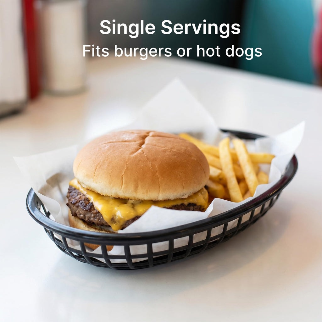 Kingrol 50 Pack Black Oval Fast Food Baskets, Food Serving Tray for Sandwiches, Burgers, Nachos, Fries, Hot Corn Dogs, Plastic Storage Basket Bin, 8-7/8 x 5-5/8 Inches