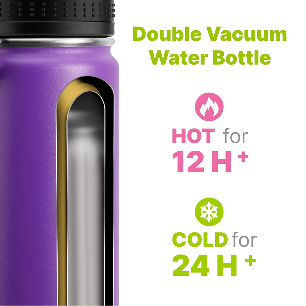 Mollcity 16 oz Water Bottle for School Kids Stainless Steel Double Wall Vacuum Insulated Sports Water Bottle Leak Proof-Reusable Metal Flask with Silicone Boot for Travel, BPA-Free(Purple)