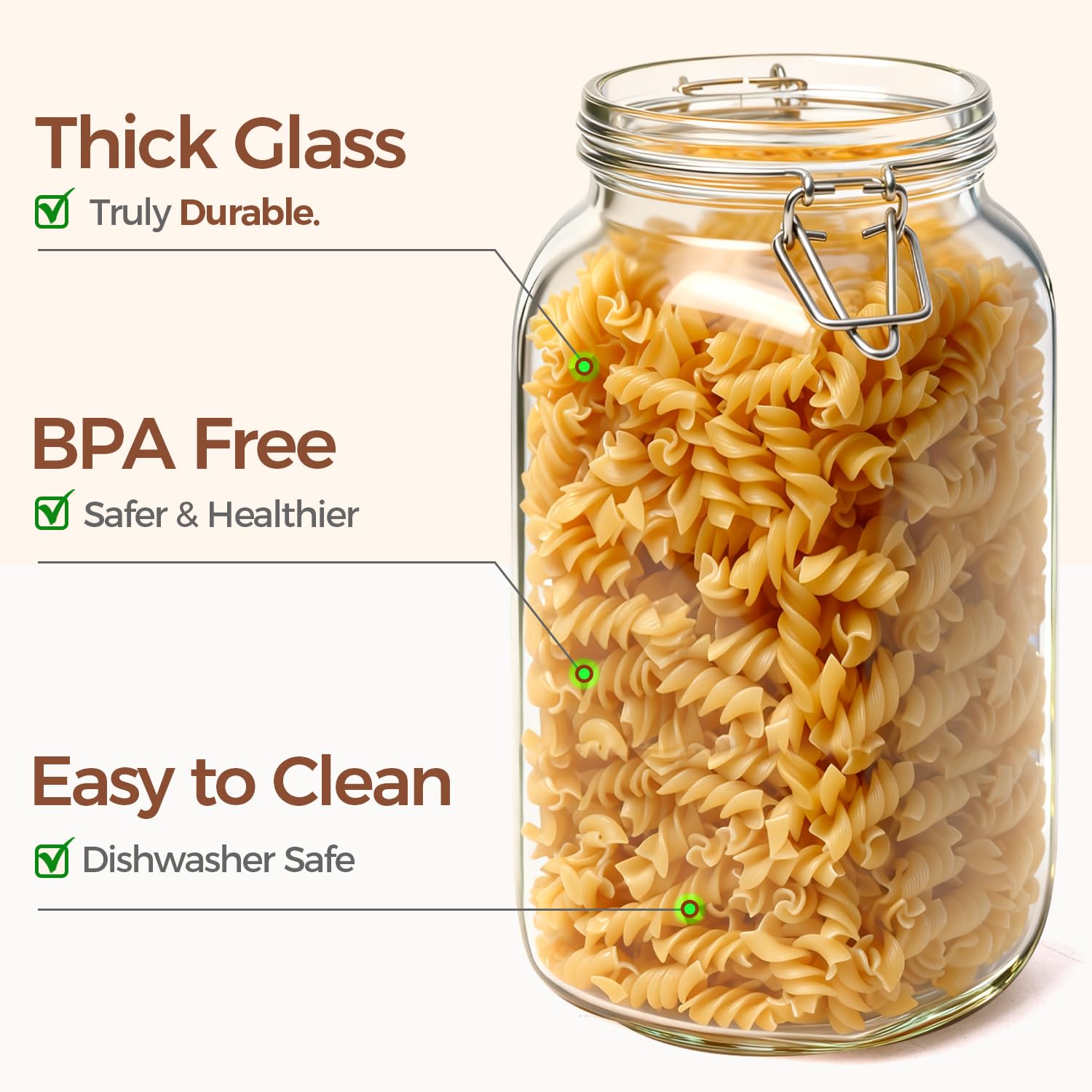 ComSaf Glass Food Storage Jar with Airtight Lid 2.3L/78OZ Set of 3, Storage Canister Container Square with Clear Preserving Seal Clip Fastening for Kitchen and Pantry Organization Cereal, Coffee