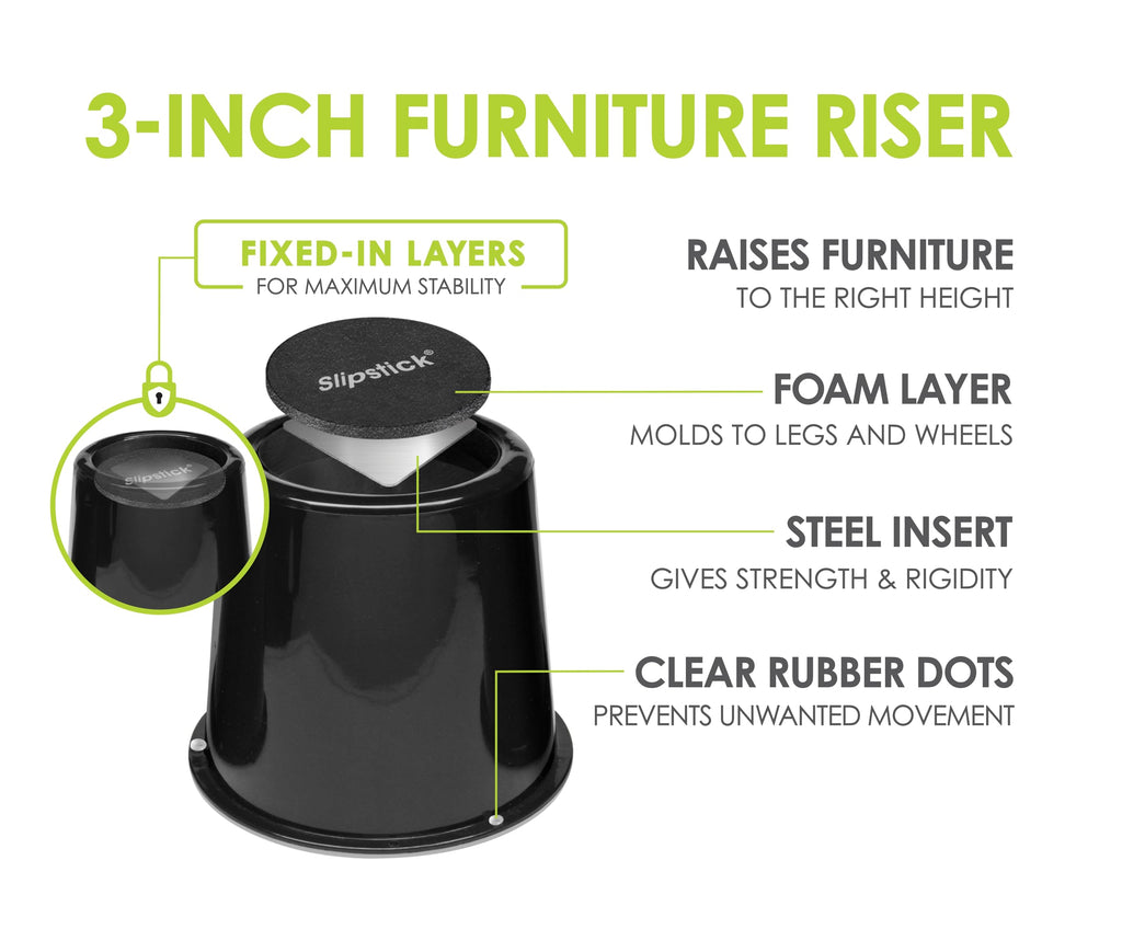 Slipstick 3 Inch (76mm) Bed Risers/Furniture Raisers with Steel Reinforced Holder Top, Lifts Height 3" (4 Pack) Supports 2,640 Pounds (1,200kg), Black, CB672
