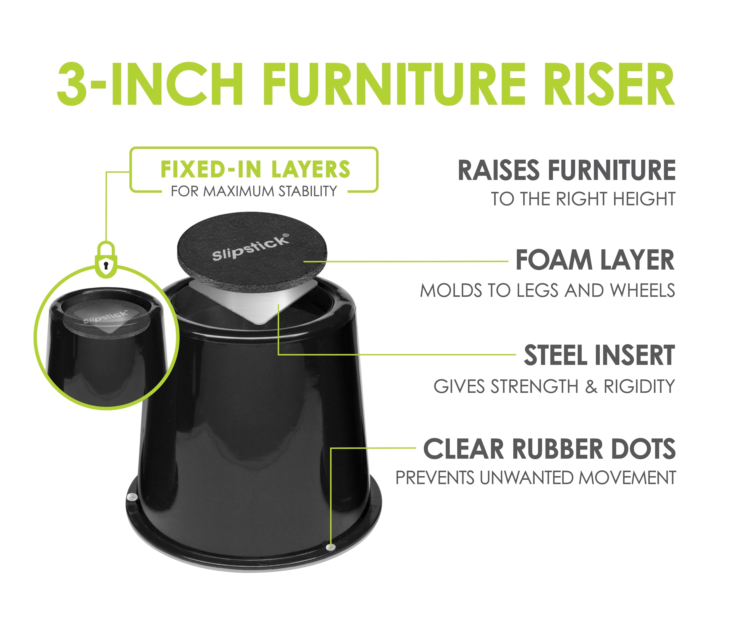 Slipstick 3 Inch (76mm) Bed Risers/Furniture Raisers with Steel Reinforced Holder Top, Lifts Height 3" (4 Pack) Supports 2,640 Pounds (1,200kg), Black, CB672