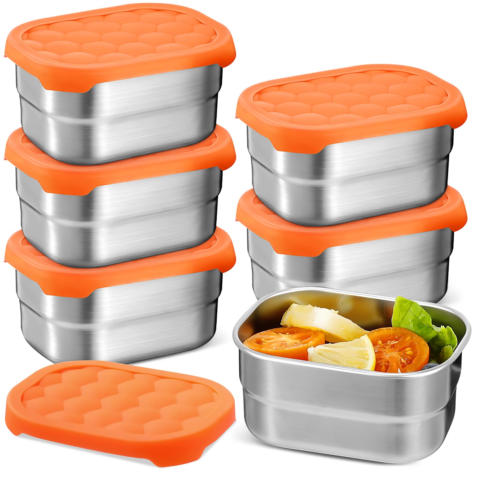 6 Pack Food Container Set, 8 Oz Small Stainless Steel Lunch Container with Orange Silicone Lid, Leak Proof Food Storage Containers Metal Lunch Box for Adults, Snack, Sandwich