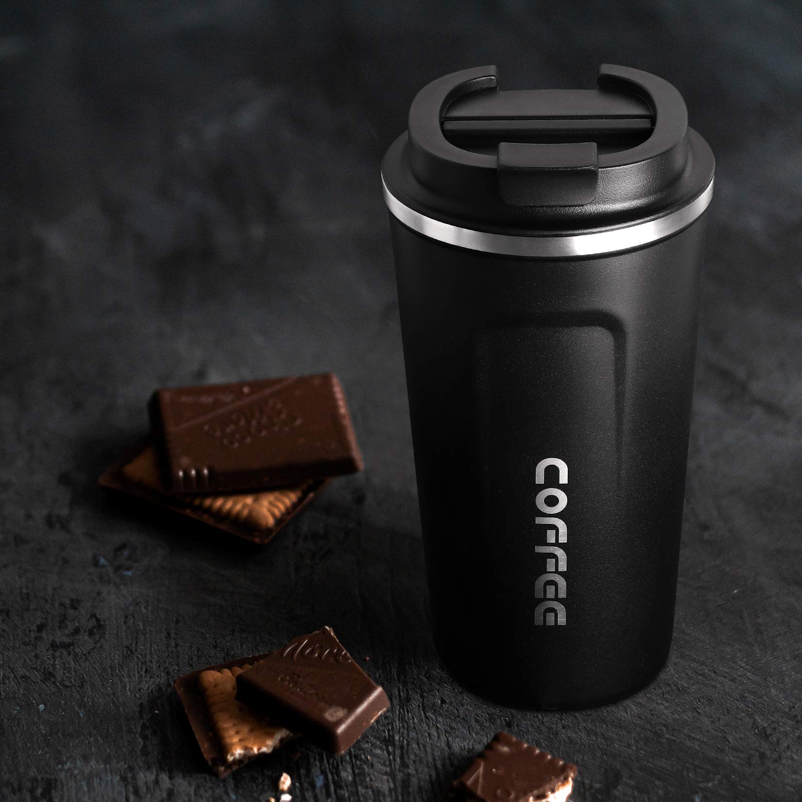 17oz (510ml) Vacuum Insulated Travel Mug, Smilatte Leakproof Double Wall Stainless Steel Reusable Coffee Cup with Lid for Hot & Cold Drinks, Matte Texture Black