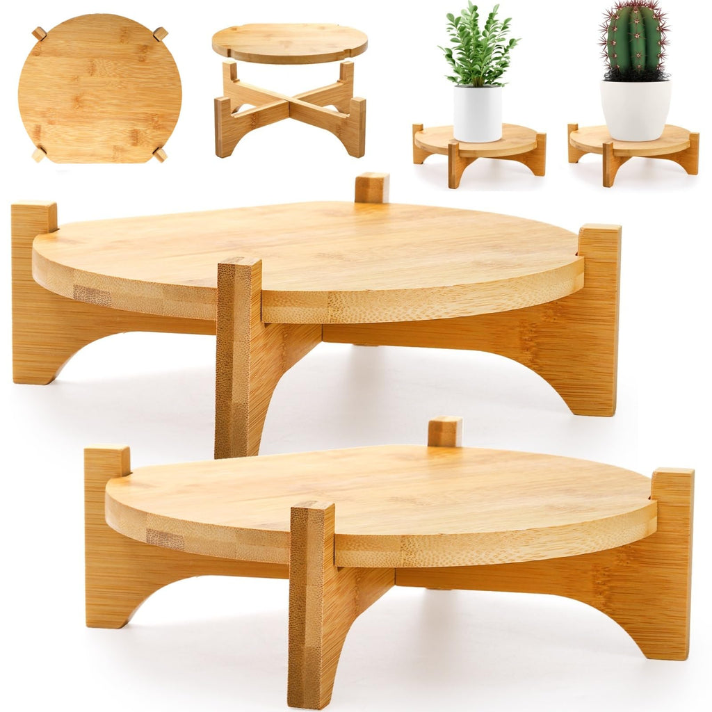 Pumtus 2 Pack Bamboo Plant Stand, Mid Century Modern Planter Stand, Detachable Flower Pot Holder, Sturdy Potted Plant Rack for Indoor Outdoor Garden Home, Short Stand for Elevating Pet Food Bowls (Pot Not Included)