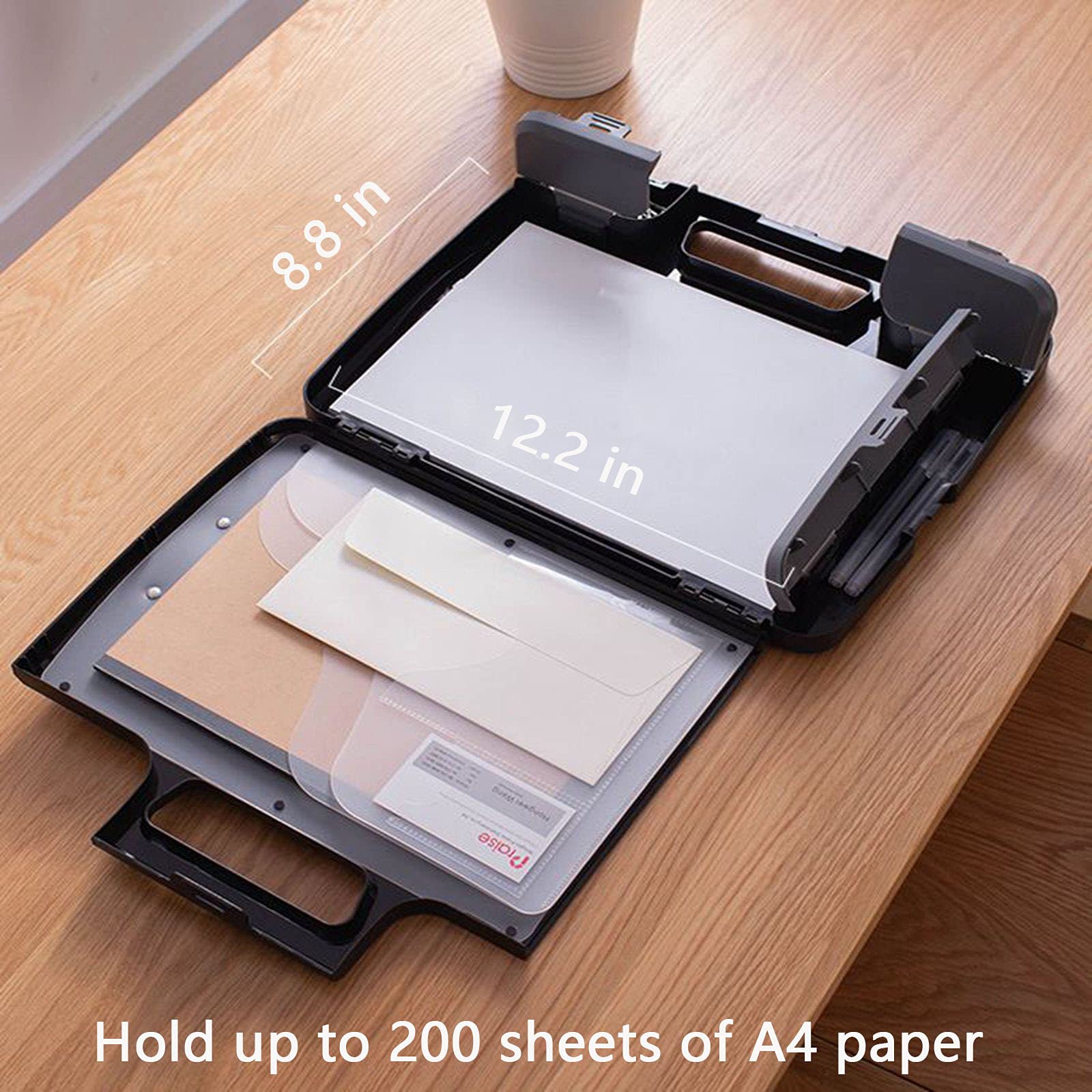Tradetop Portable Clipboard Folder with Storage, Plastic Storage Case with Side-Opening, Heavy Duty Clipboard, A4 Size Writing for Office, 14.5"x12"x 1.75", Black