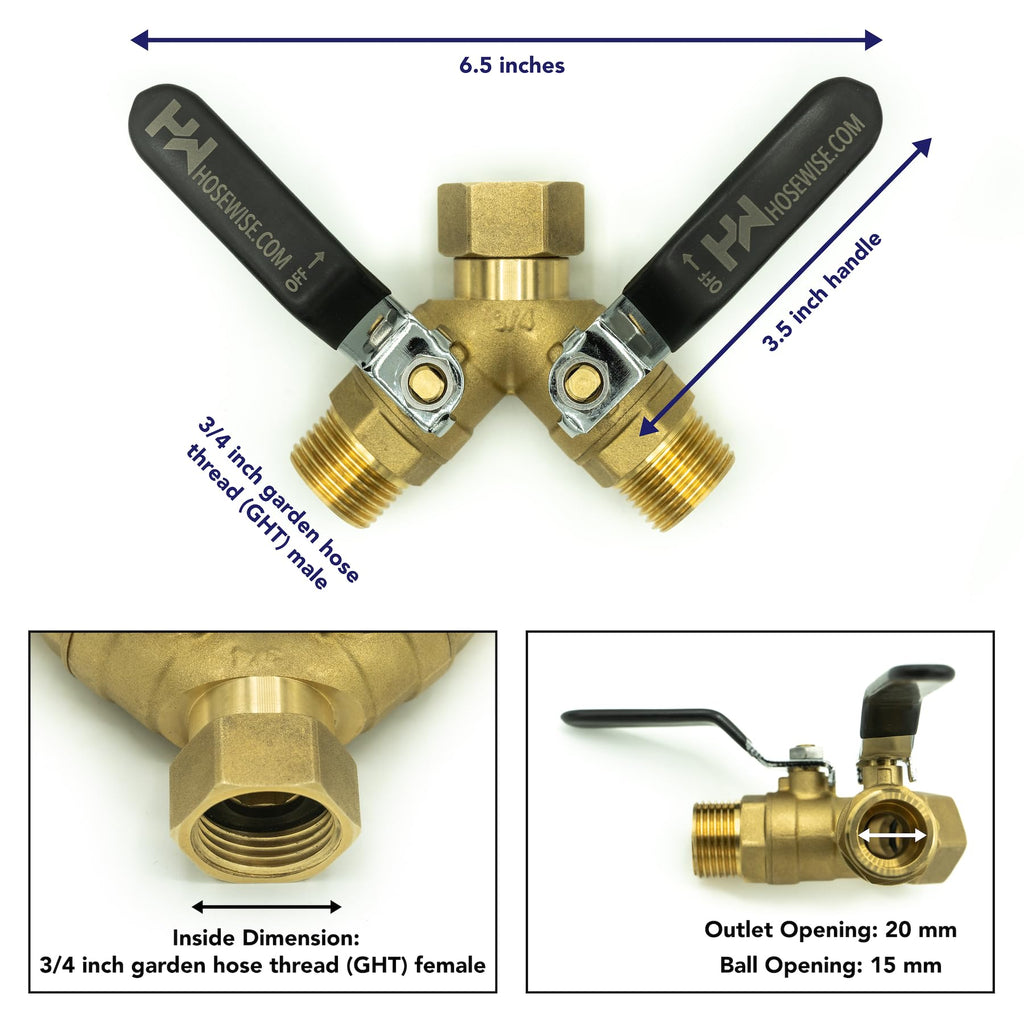 Hose Wise™ Premium Heavy Duty Garden Hose Y Valve Splitter 2 Way Long Handle 3/4" GHT