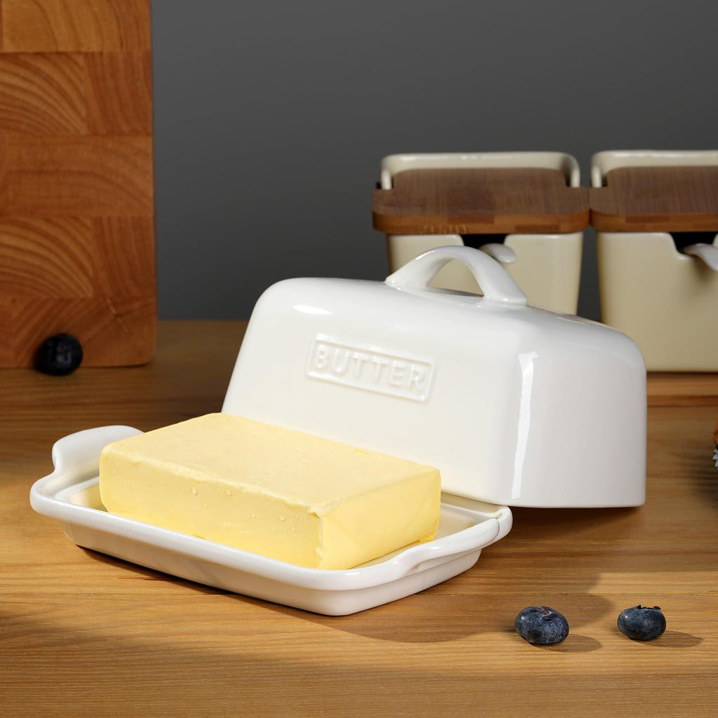 Large Butter Dish for 1 lb Block of Canadian Butter, Porcelain Butter Keeper Fit a Full Pound Block of Butter, Butter Container for an Entire Pound Butter, ADIVEE, Color-White.