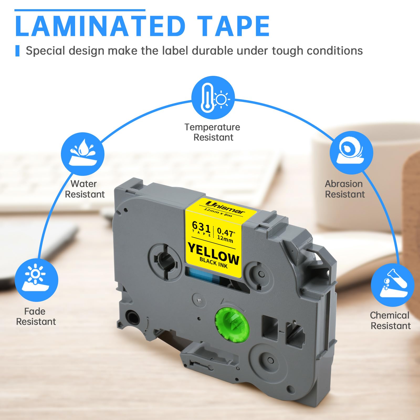 Unismar Compatible Label Tape Replacement for Brother TZe-631 TZe631 TZ631 for PT-D200 PT-D210 PT-D600 PT-D400 PT-H100 PT-H110 PT-1280 Label Maker, 1/2 inch x 26.2 feet, Black on Yellow, 5-Pack