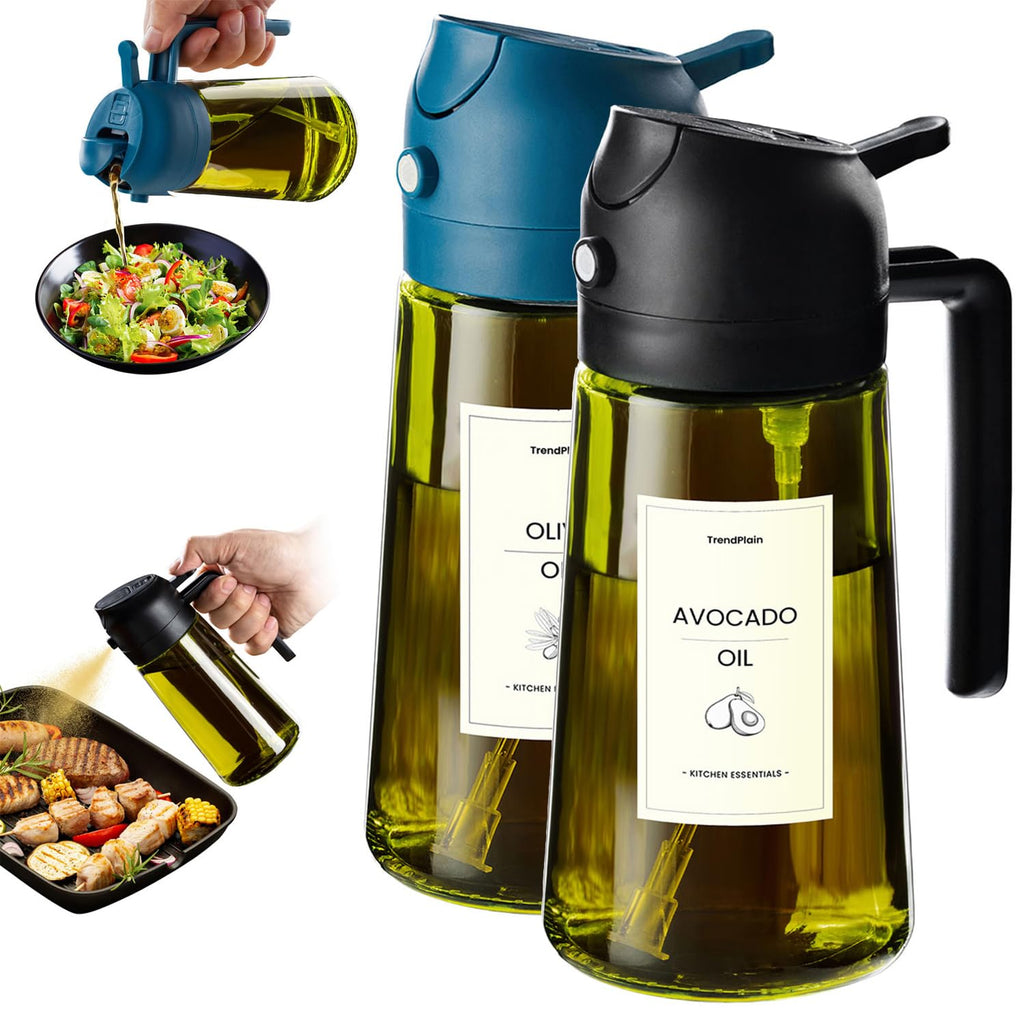 TrendPlain 470ml Olive Oil Dispenser Bottle for Kitchen Gadgets - 2 in 1 Dispenser and Sprayer - Olive Oil Spray Bottle w/Stickers (Light Blockage) - BPA Free - Black&Navy