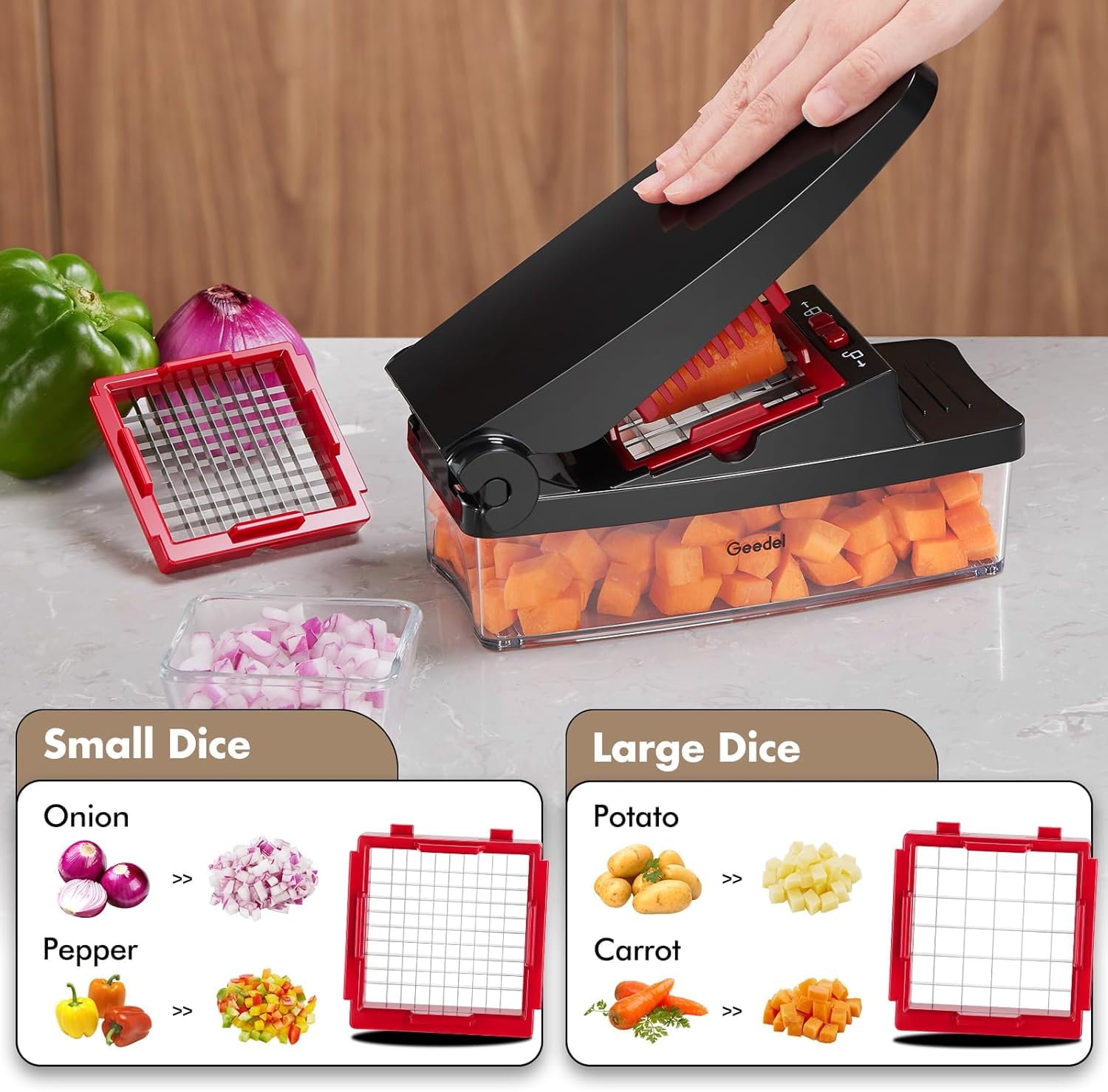 Vegetable Chopper, Food Onion Cutter, Vegetable Mandoline Slicer Dicer, Kitchen 4 in 1 Veggie Chopper with Container for Potato Salad Carrot, Red