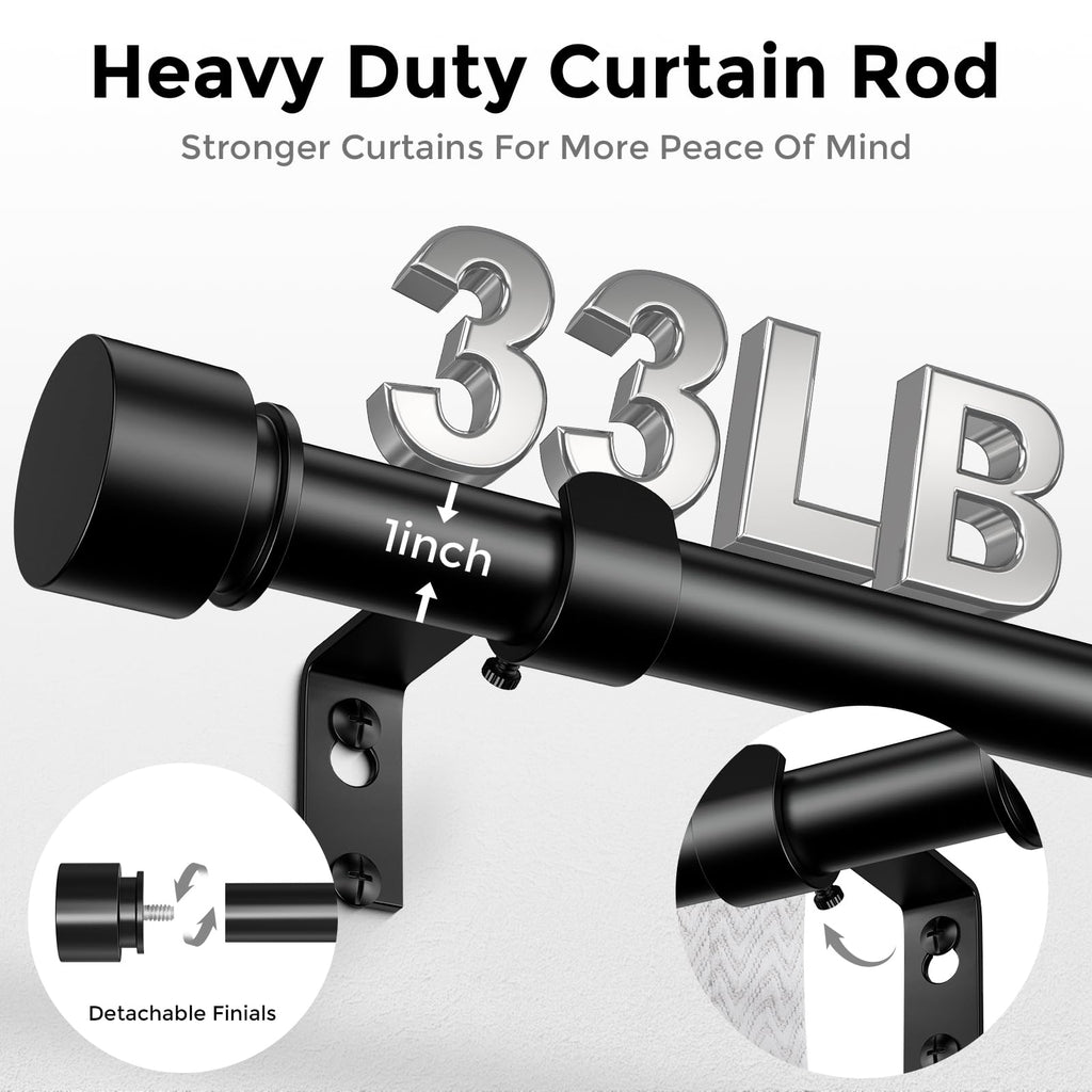 Modern Black Curtain Rods for Windows 48 to 84 Inch, 1" Diameter Adjustable Heavy Duty Window Treatment Rods with Matte Black End Cap Finials, Decorative Drapery Rods, Easy Installation