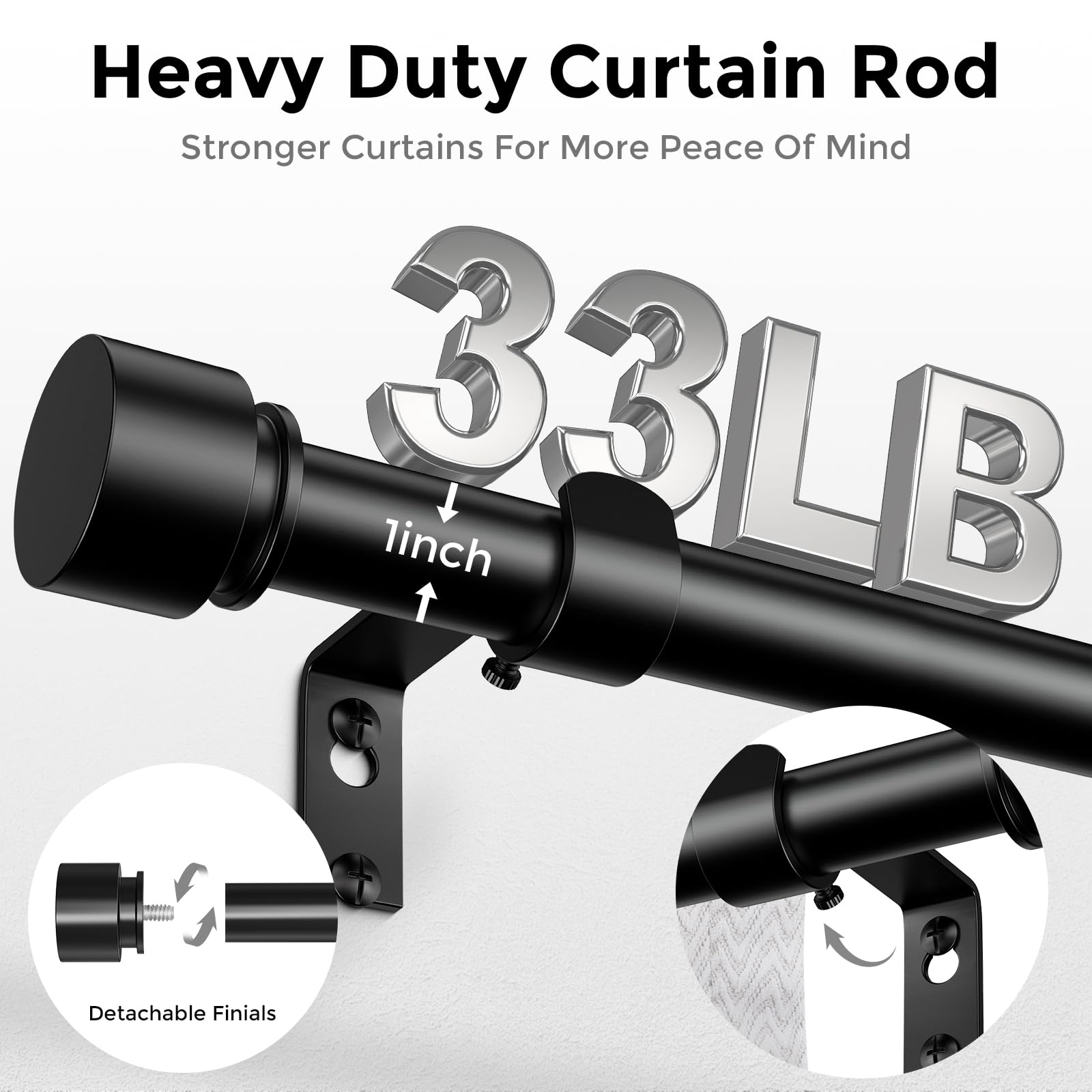 Modern Black Curtain Rods for Windows 48 to 84 Inch, 1" Diameter Adjustable Heavy Duty Window Treatment Rods with Matte Black End Cap Finials, Decorative Drapery Rods, Easy Installation