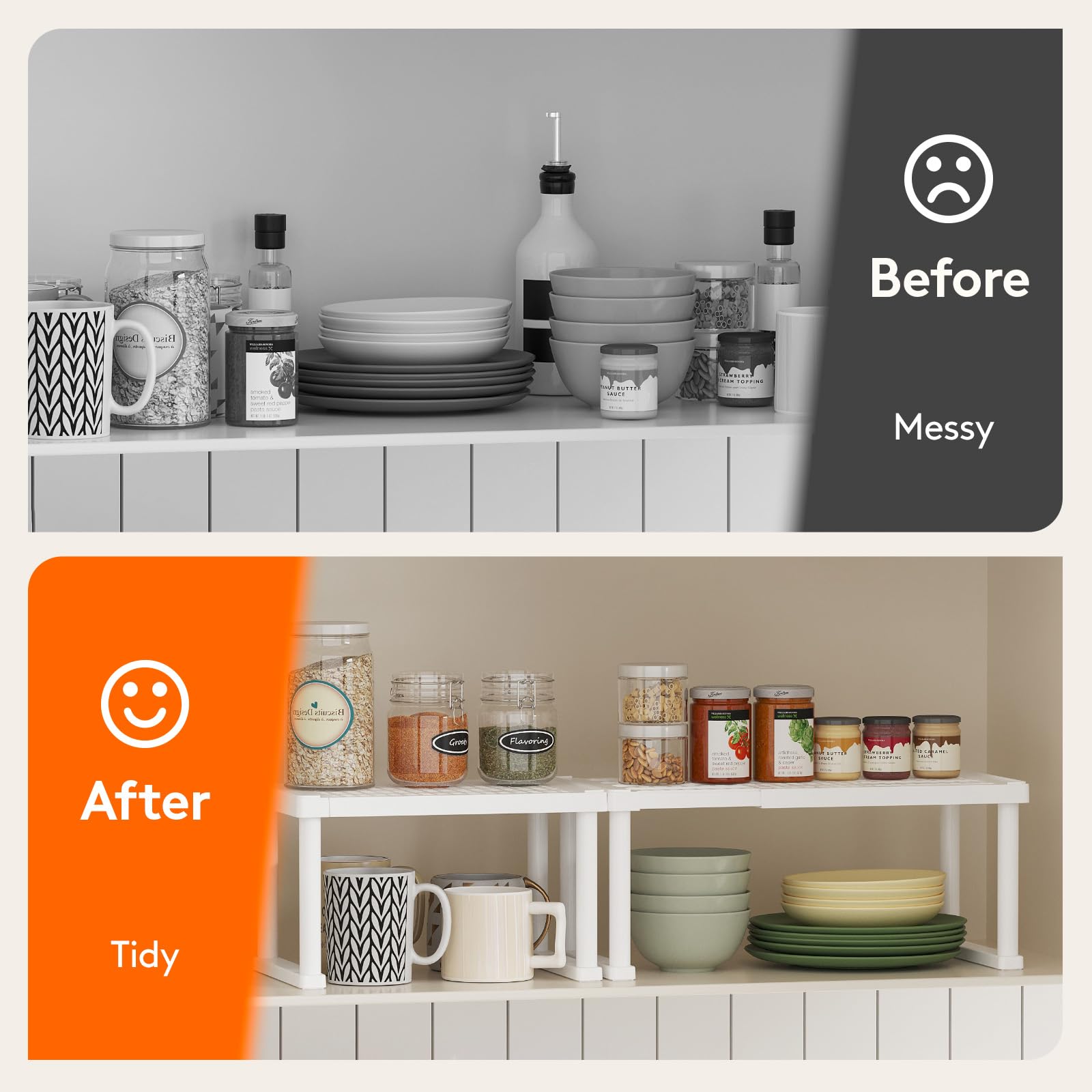 Lifewit Cabinet Shelf Organizer, Expandable From 11.8 to 15.7 inches, Countertop Kitchen Shelves, Plastic Shelf Riser for Pantry Kitchen Storage and Spice Rack, Set of 2, White