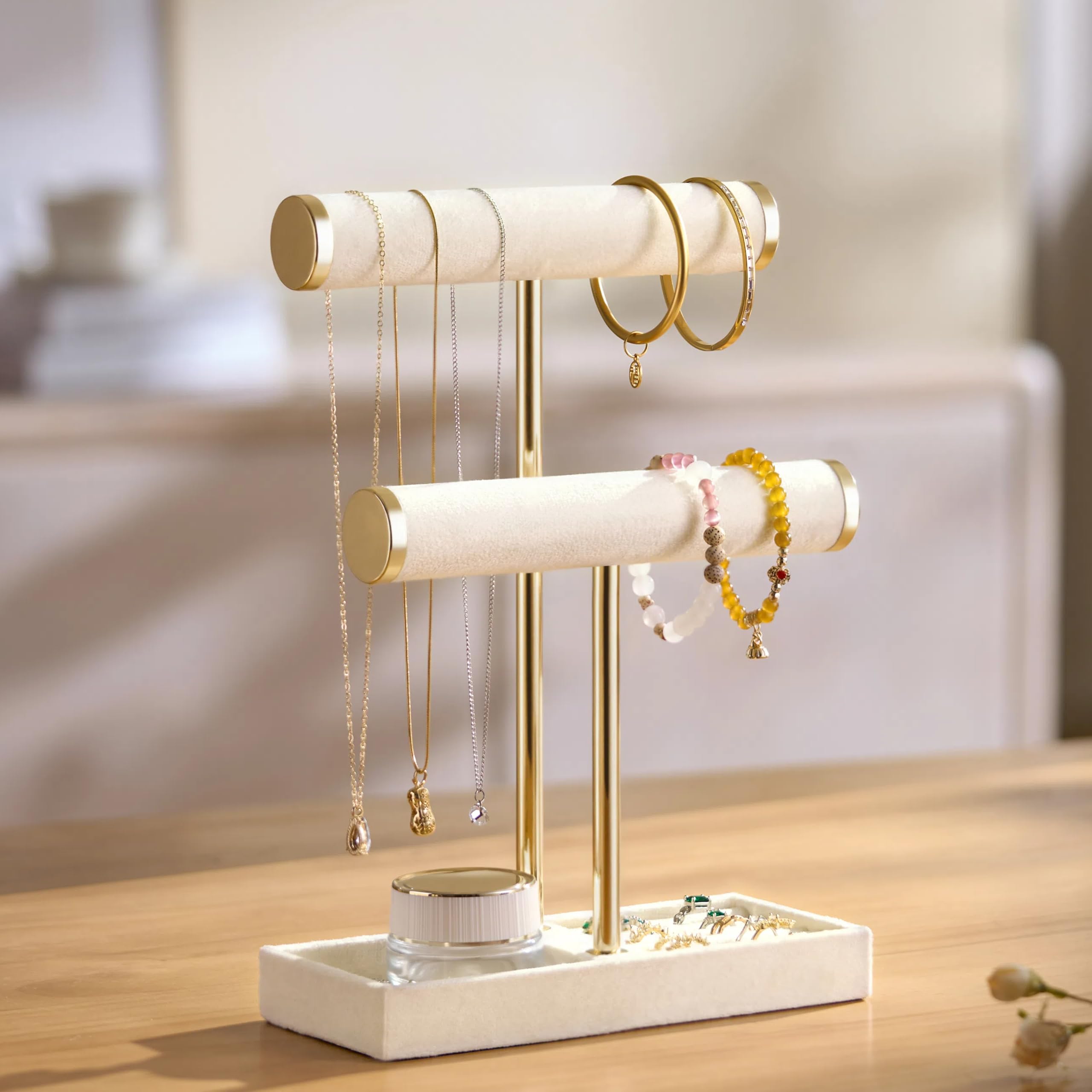 2 Tier Bracelet Holder Display - Beige Velvet Jewelry Organizer Stand, Detachable T Bar Jewelry Holder for Bracelet, Necklace, Watches, Rings, Earrings