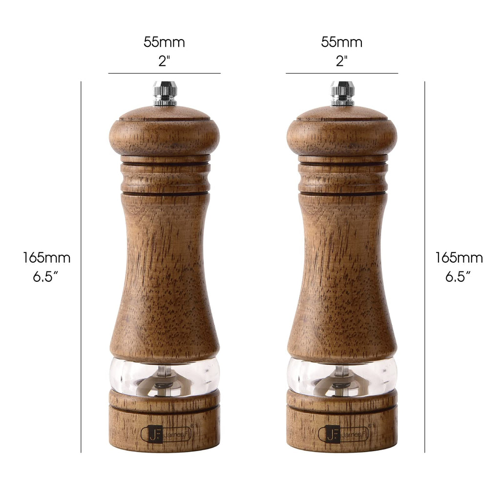 JF JAMES.F Wooden Salt and Pepper Grinder Set, 6.5 inch Rubber Wood Salt and Pepper Mills Set of 2 with Acrylic Visible Window & Adjustable Ceramic Rotor