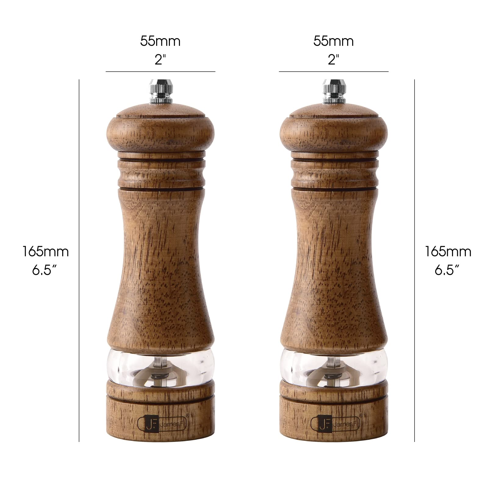 JF JAMES.F Wooden Salt and Pepper Grinder Set, 6.5 inch Rubber Wood Salt and Pepper Mills Set of 2 with Acrylic Visible Window & Adjustable Ceramic Rotor