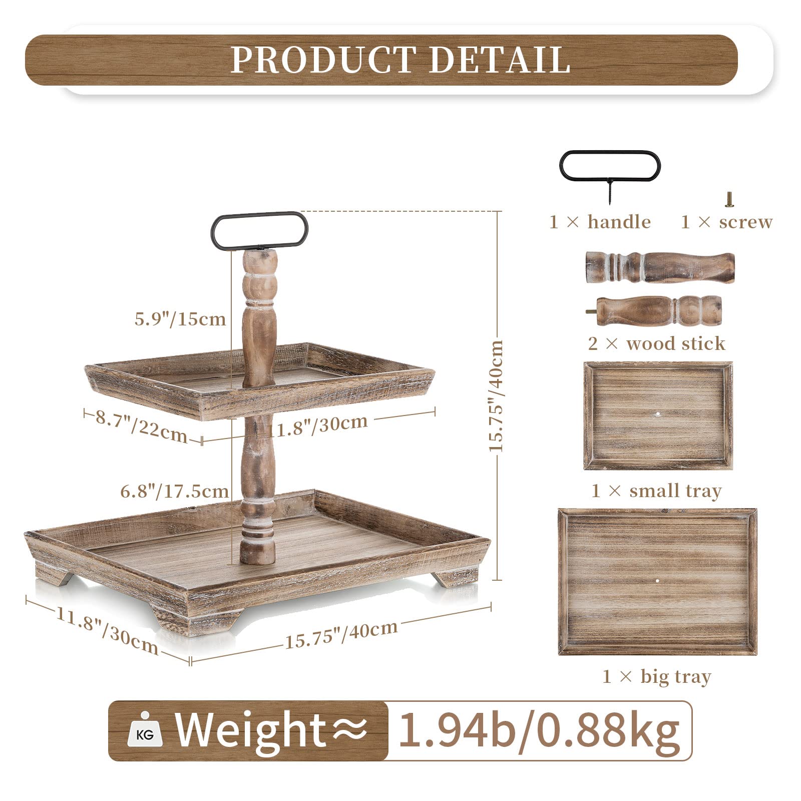 Hanobe Farmhouse Tiered Tray Stand: 2 Tier Easter Serving Trays - Coffee Table Decor Two Rectangle Wood for Kitchen Counter